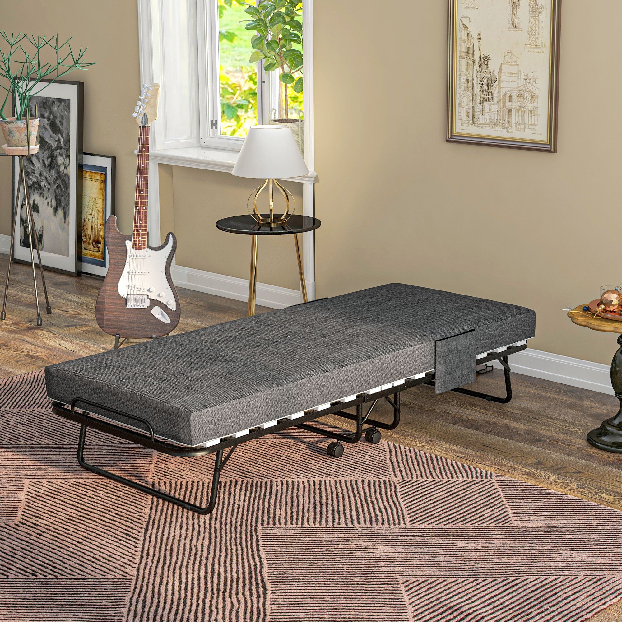 HOMCOM Klappbett, Matratze, 4 Rollen, Metallgestell, bis 150 kg, 190 x 80 x 42 cm, Dunkelgrau