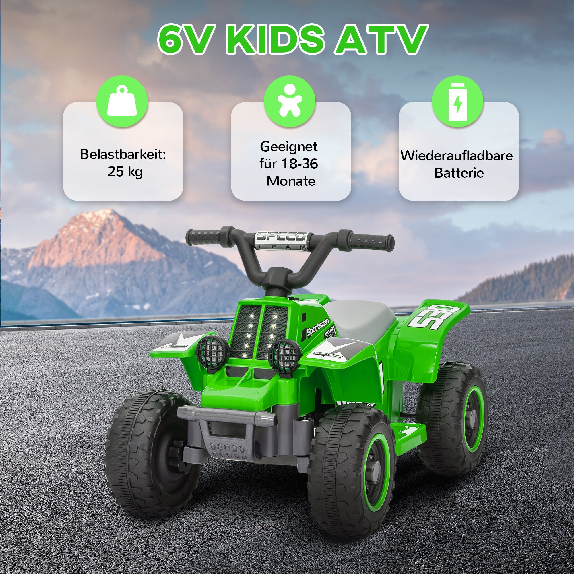 AIYAPLAY Elektrisches Quad Bike für Kinder, batteriebetrieben, fährt vorwärts und rückwärts, LED-Lichter, 18-36 Monate, Grün