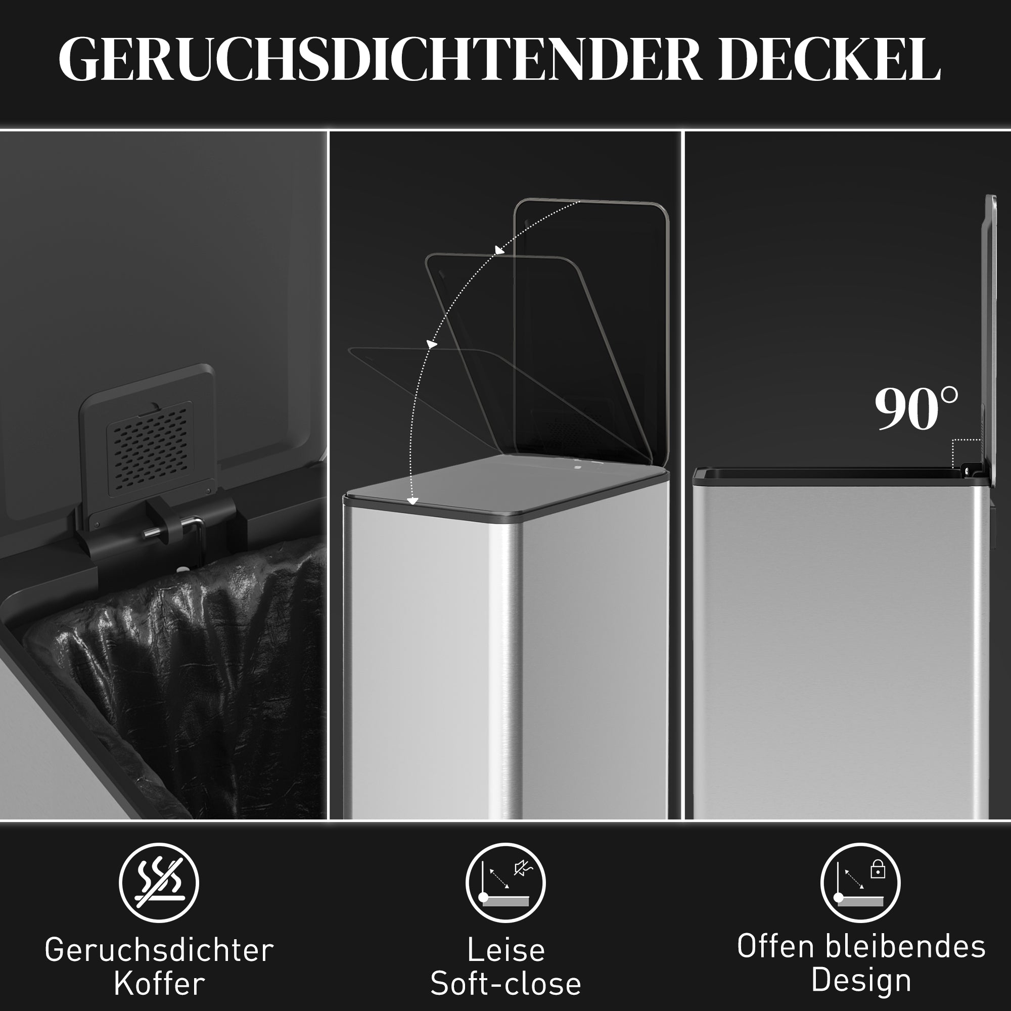 HOMCOM Mülleimer 20L, Soft-Close-Deckel, Deodorant-Fach, Fingerabdrucksicher, Edelstahl, Silber