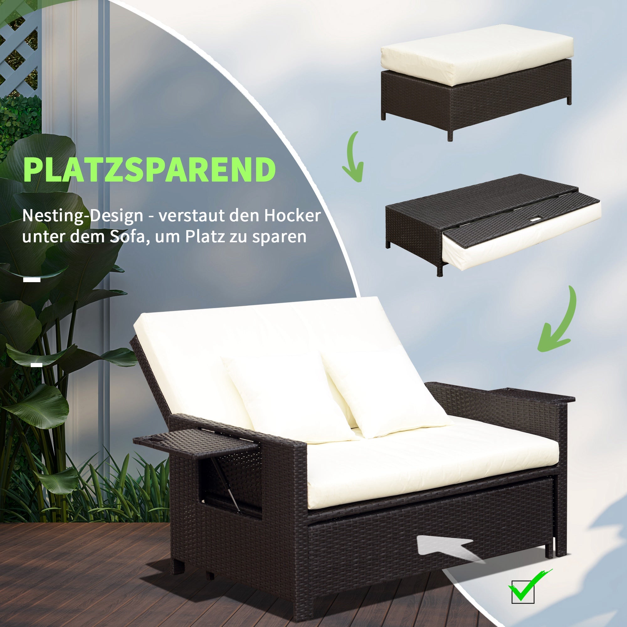 Outsunny Gartensofa mit Liegefunktion, ausfahrbare Fußbank mit Stauraum, Sitzkissen, braun+creme, 130 x 72 x 96 cm
