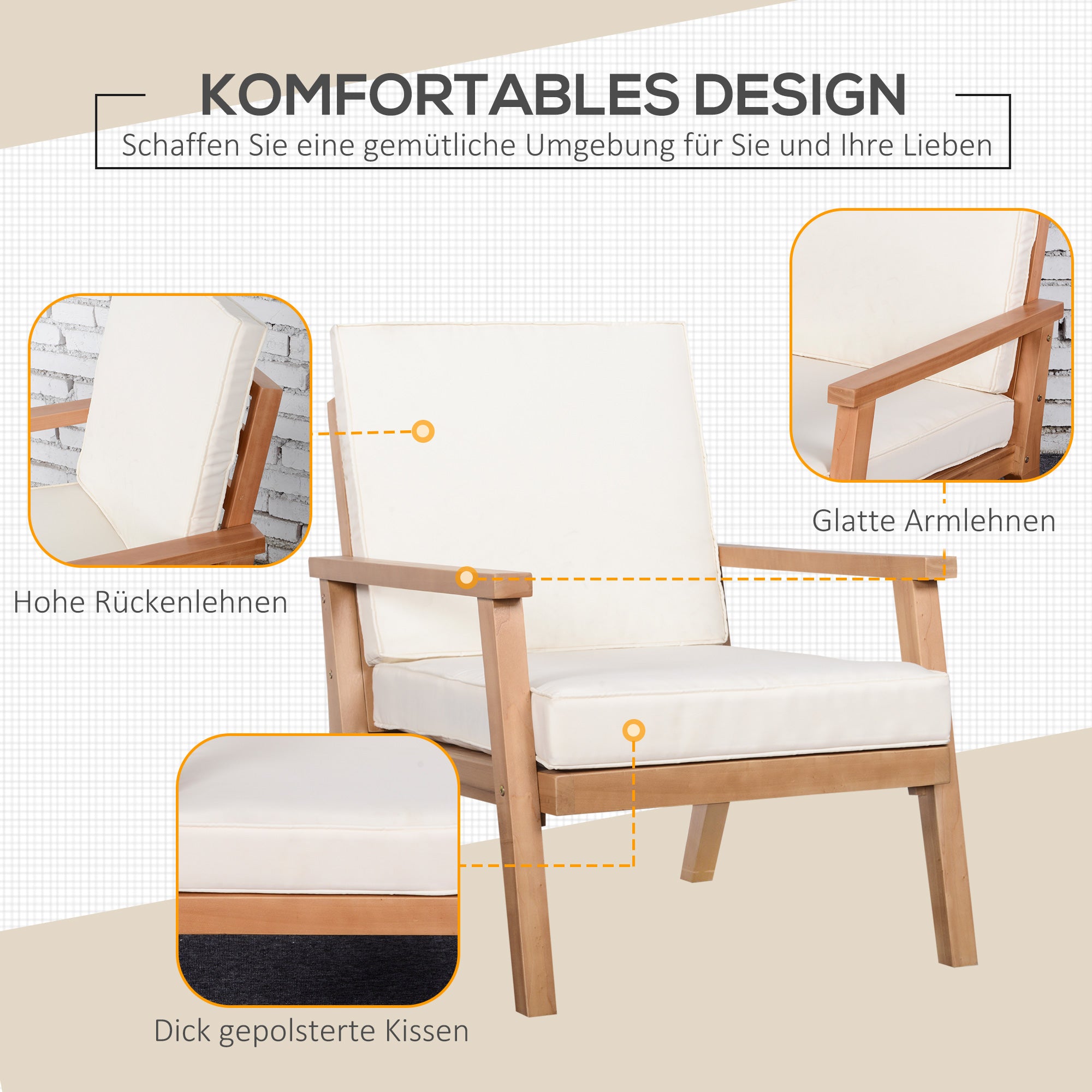 Outsunny 2er-Set Gartenstühle mit Kissen Gartensessel Set Gartenstuhl aus Pappelholz Gartenmöbel Holzstuhl Balkonstuhl Terrassenstuhl Braun+Beige 66 x 77,5 x 74,5 cm