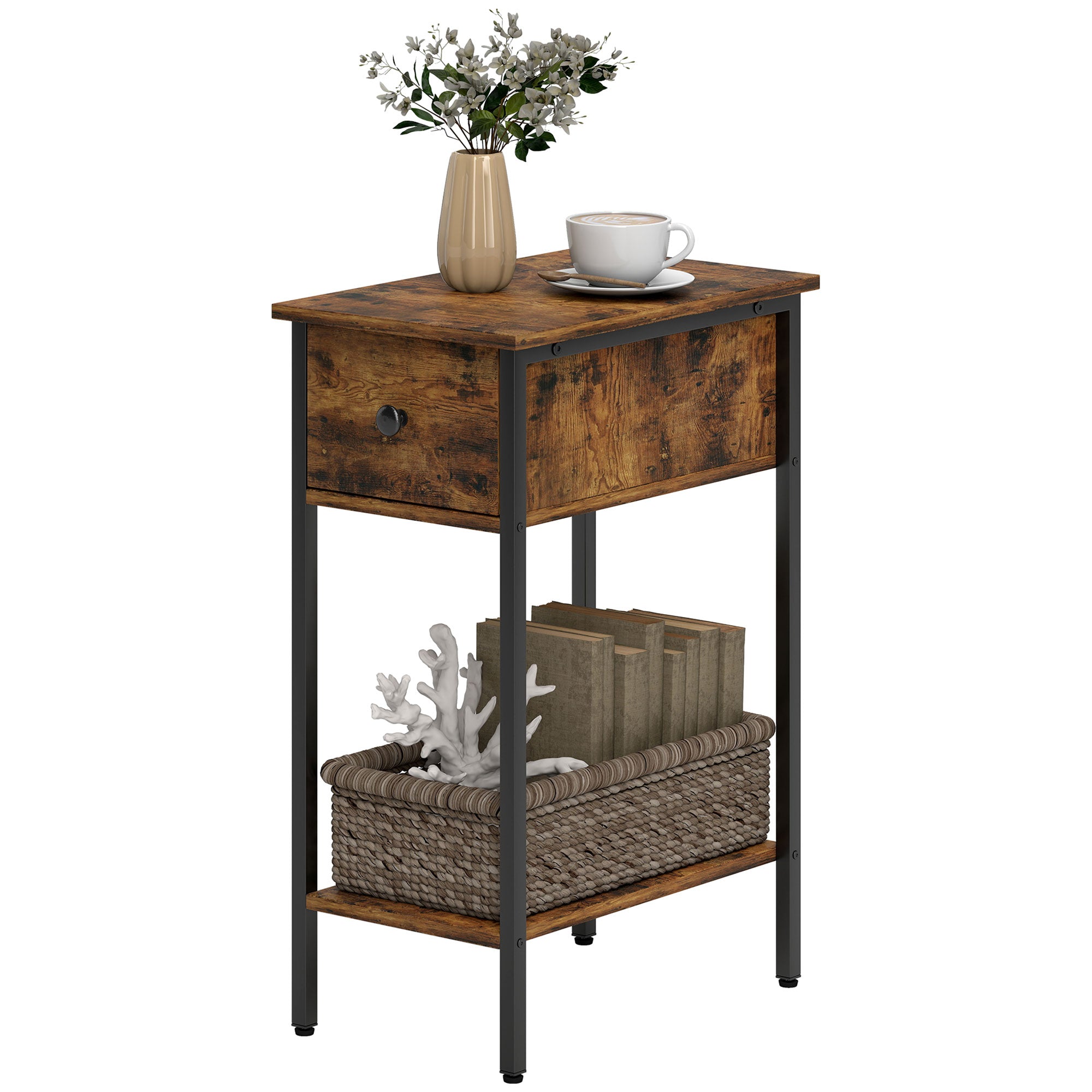 HOMCOM Beistelltisch mit offenem Fach und Schublade, Nachttisch, Metallbeine, Holz, Braun
