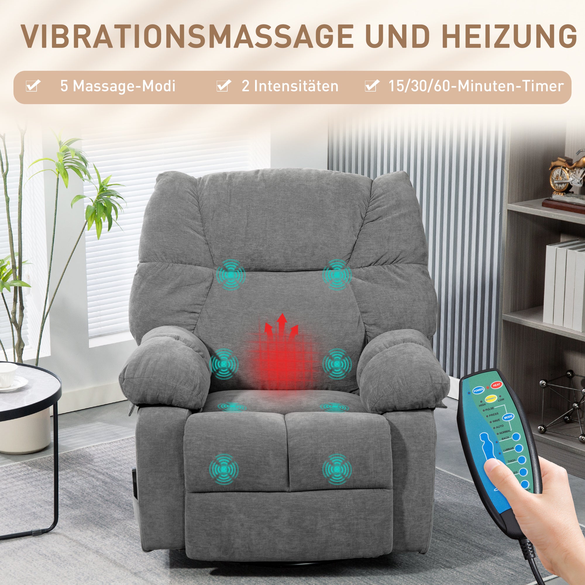 HOMCOM Relaxsessel mit Massagefunktion, Liegefunktion, Drehbarer Massagesessel, 4 Seitentaschen und Fernbedienung, Dunkelgrau