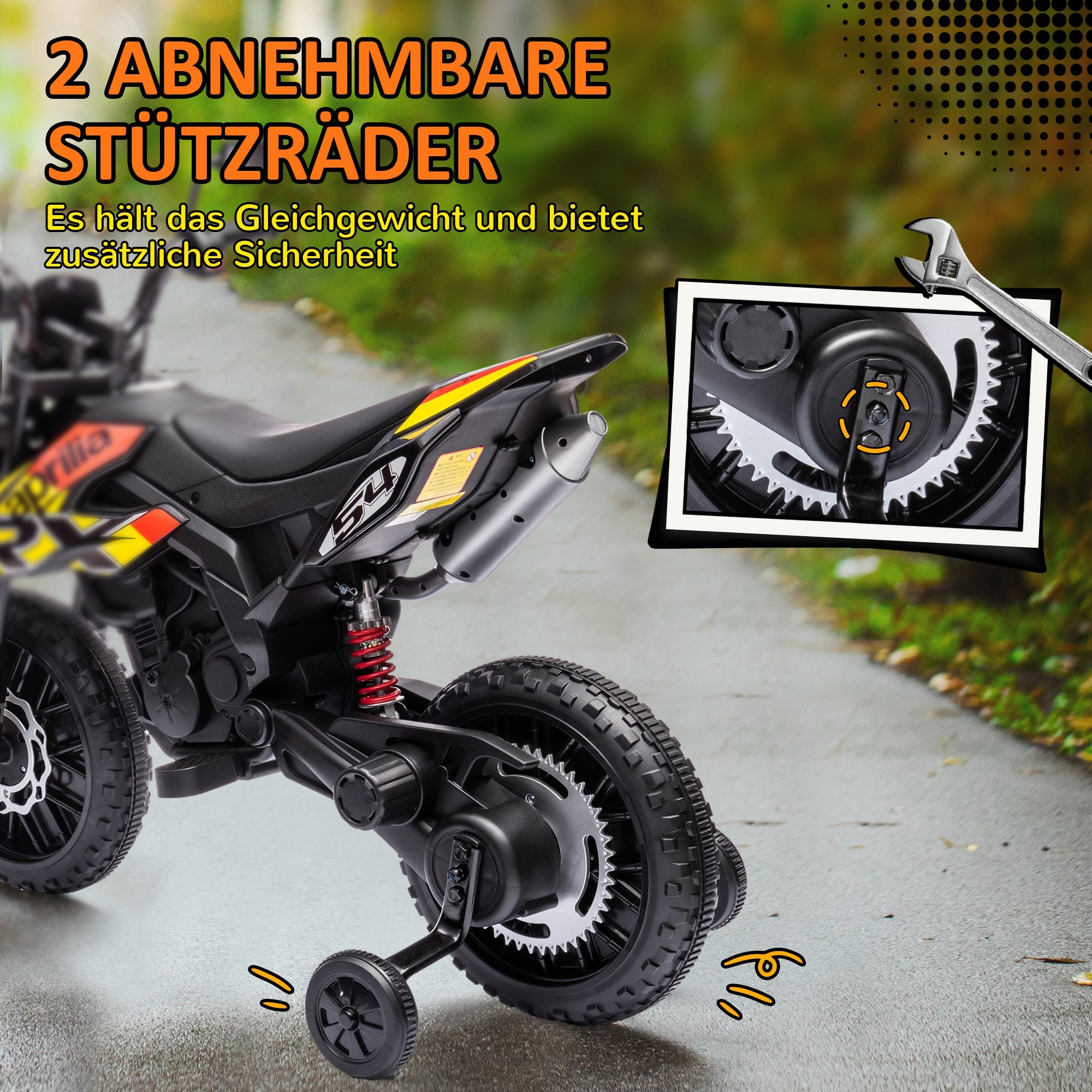 AIYAPLAY 12V Kinder-Motorrad mit Stützrädern, LED-Lichtern, Musik, USB, Elektro-Motorrad für Jungen und Mädchen, Gelb