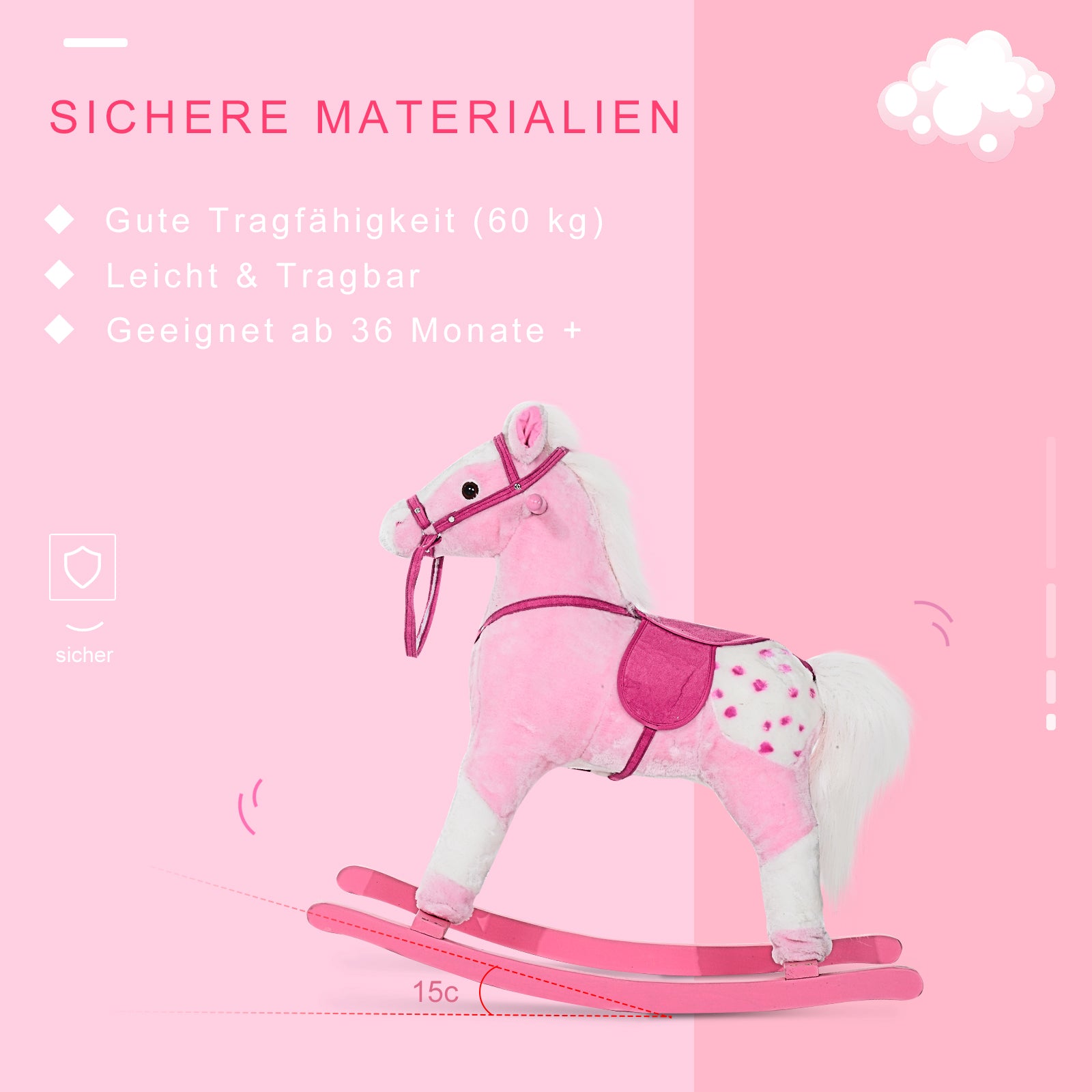 HOMCOM Kinder Schaukelpferd Schaukeltier Schaukelspielzeug Wiehern Rosa 74x28x65cm