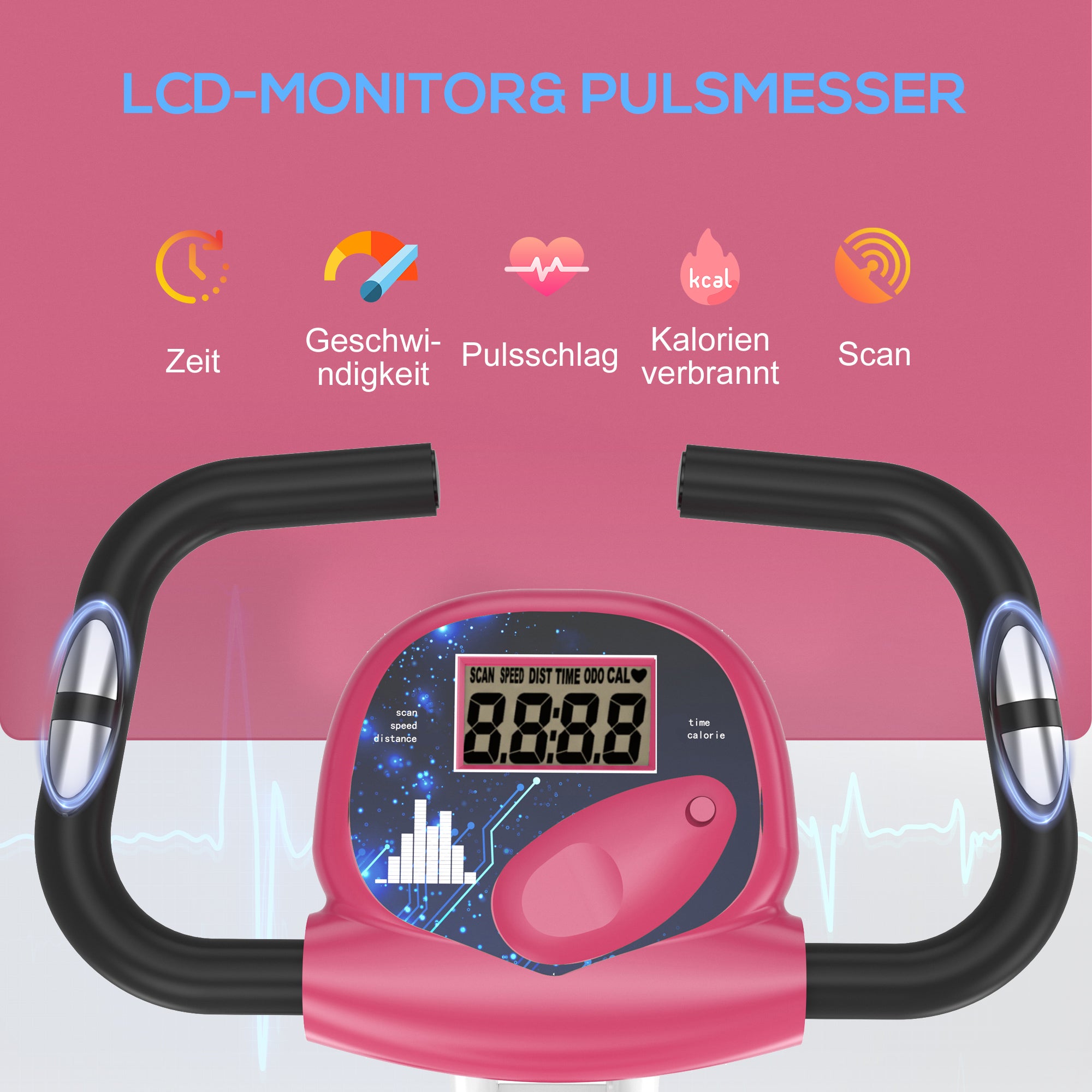 HOMCOM Heimtrainer Fahrradtrainer klappbar Magnetisch Hometrainer Fahrrad mit LCD Monitor, 8 stufig einstellbarem Magnetwiderstand, Platzsparend Fitnessbikes für Zuhause Rosa+Weiß