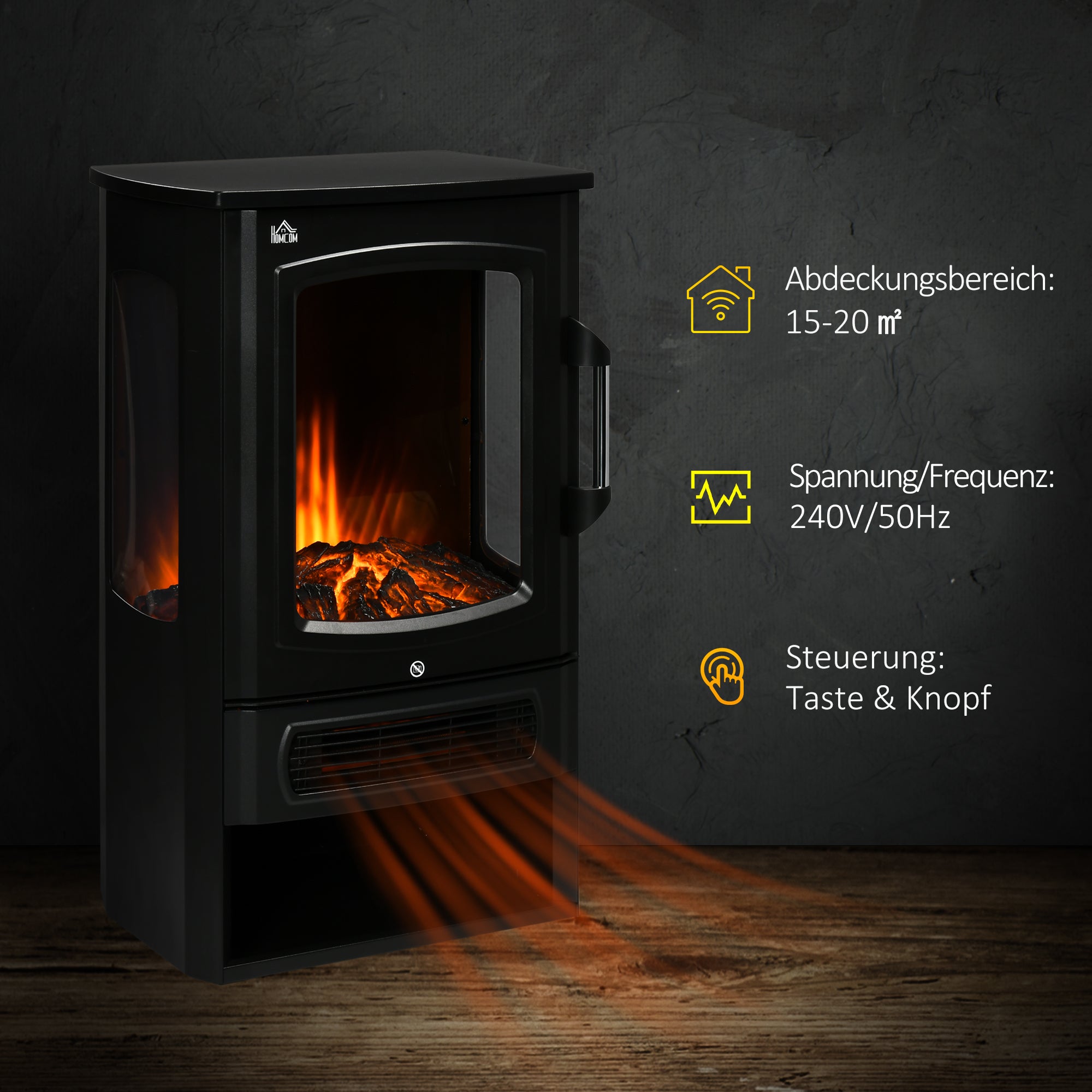 HOMCOM Elektrokamin, realistische Flammen, 2 Heizstufen, Überhitzungsschutz, Stahl, Schwarz, 44,5 x 32 x 74cm