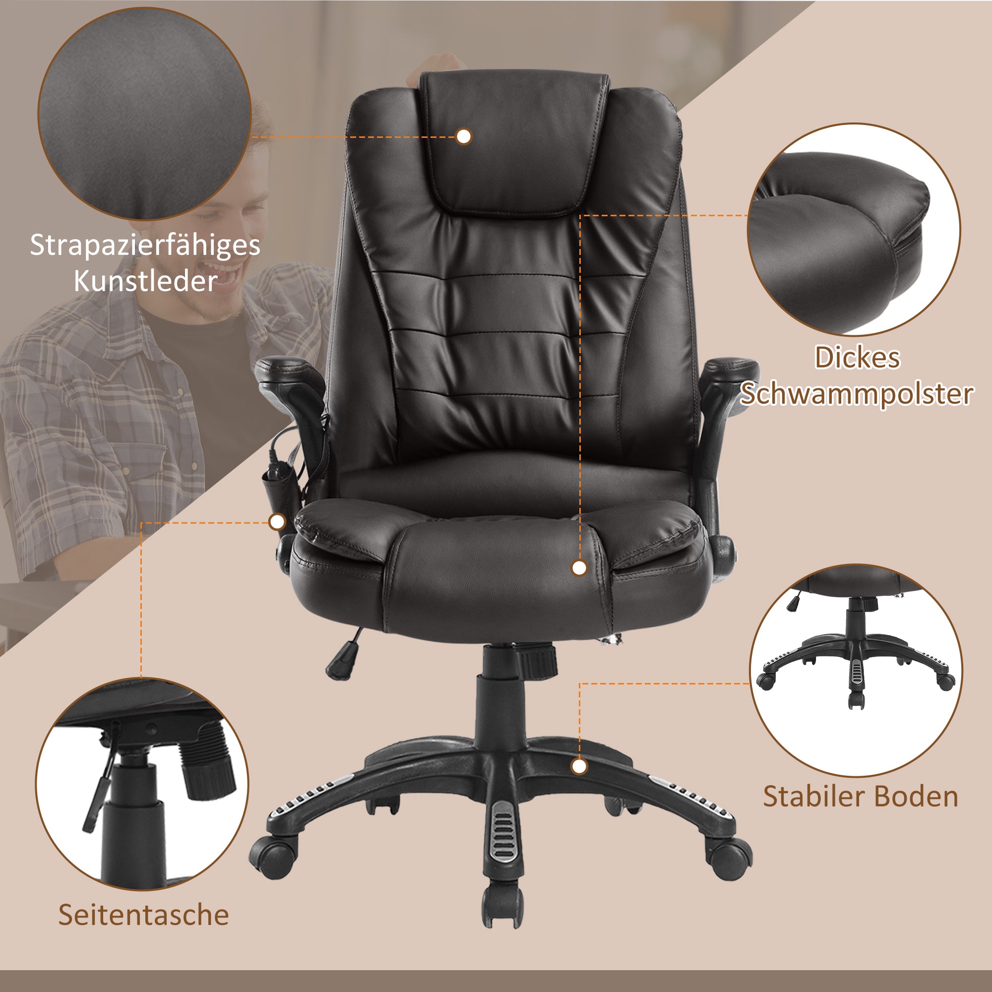HOMCOM Massagesessel Bürosessel Bürostuhl Chefsessel Gamingsessel 6 Punkt Vibrations Massage mit Wärmefunktion Kunstleder Ledersessel drehbar (Braun)