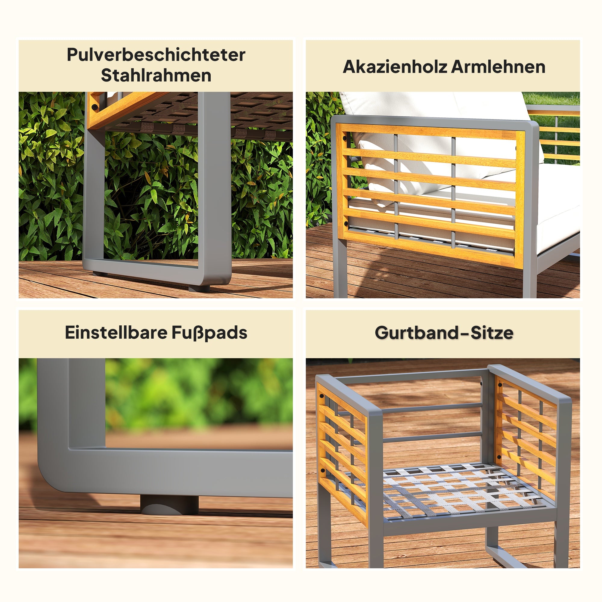 Outsunny 4-teiliges Gartenmöbel-Set, 2 Sessel, 1 Sofa, 1 Kaffeetisch, Sitzkissen, Akazienholz, Stahlgestell, Grau+Beige