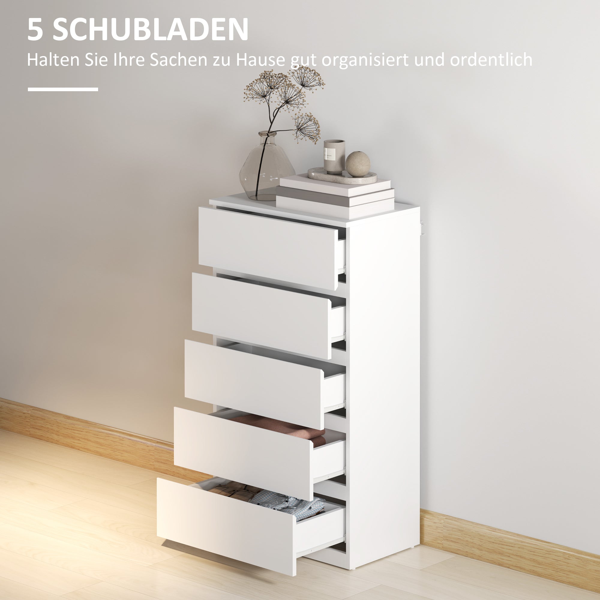 HOMCOM Kommode Sideboard Schubladenkommode, 5 Schubladen, 55 cm x 34 cm x 100 cm, Weiß