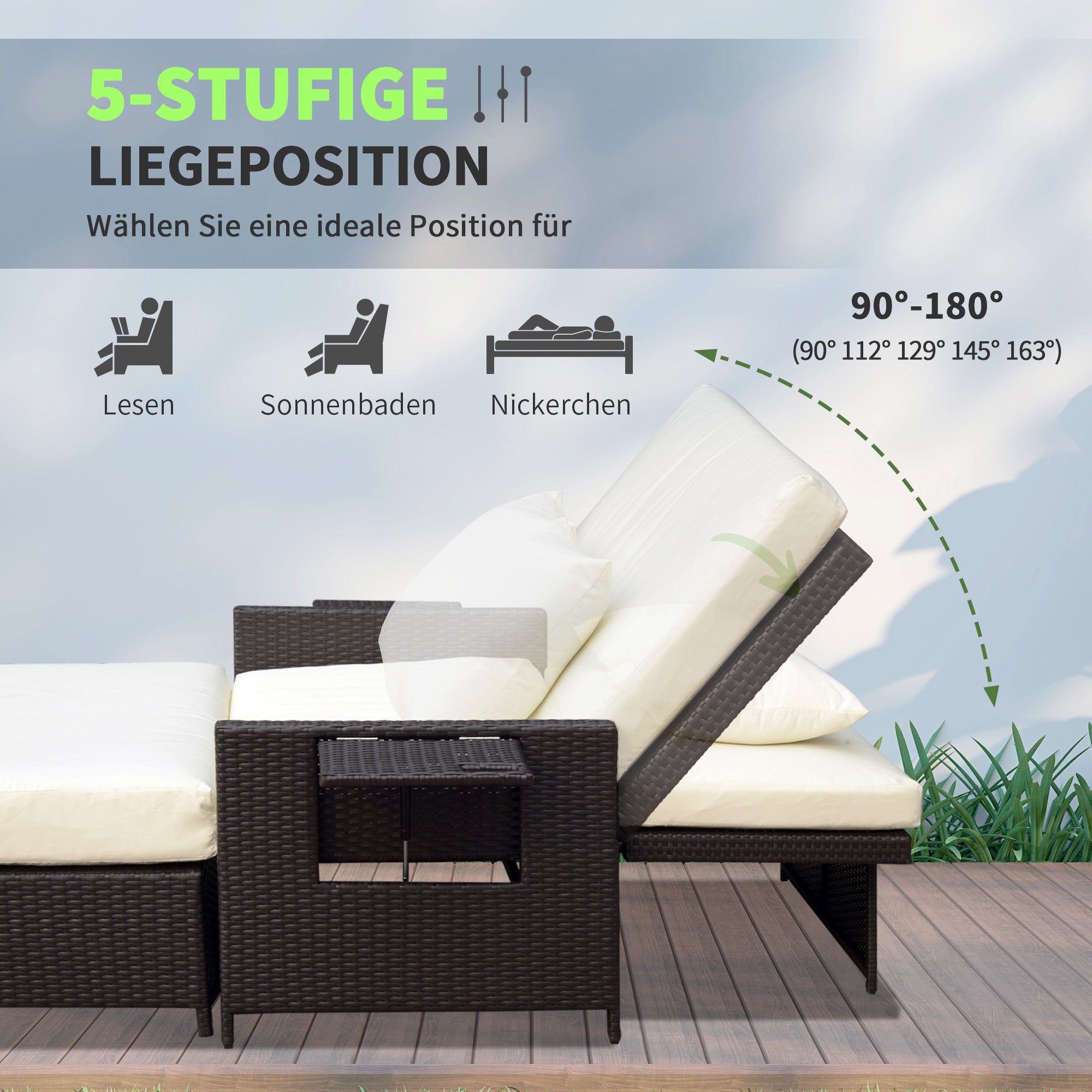 Outsunny Gartensofa mit Liegefunktion, ausfahrbare Fußbank mit Stauraum, Sitzkissen, braun+creme, 130 x 72 x 96 cm