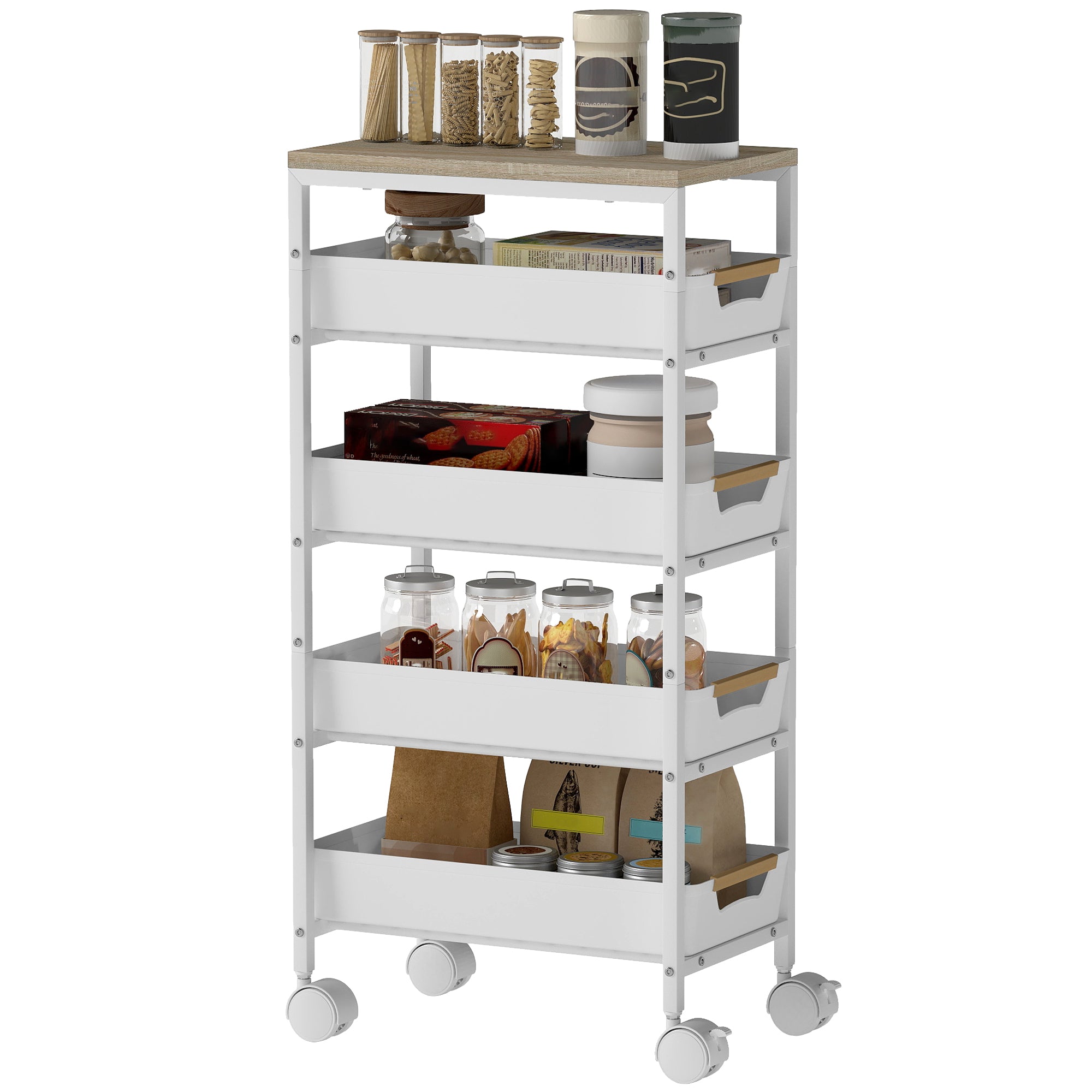 HOMCOM 5-stufiger Küchenwagen, Holzoptik, rollbar, Metallrahmen, 4 Schubladen, Weiß