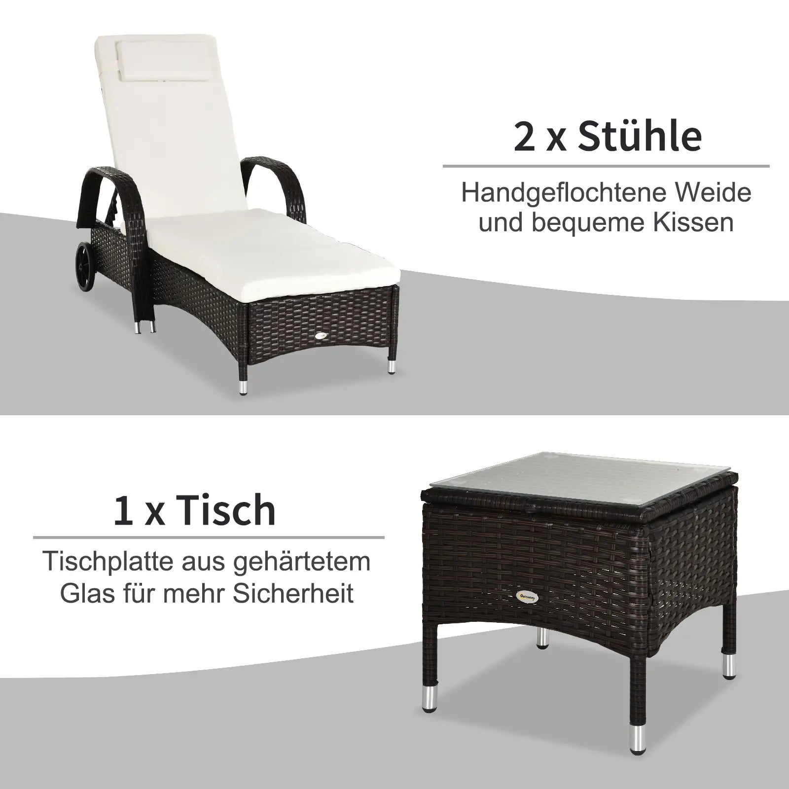 Outsunny Sonnenliegen-Set mit Rollen & Tisch Polyrattan Braun-Cremeweiß