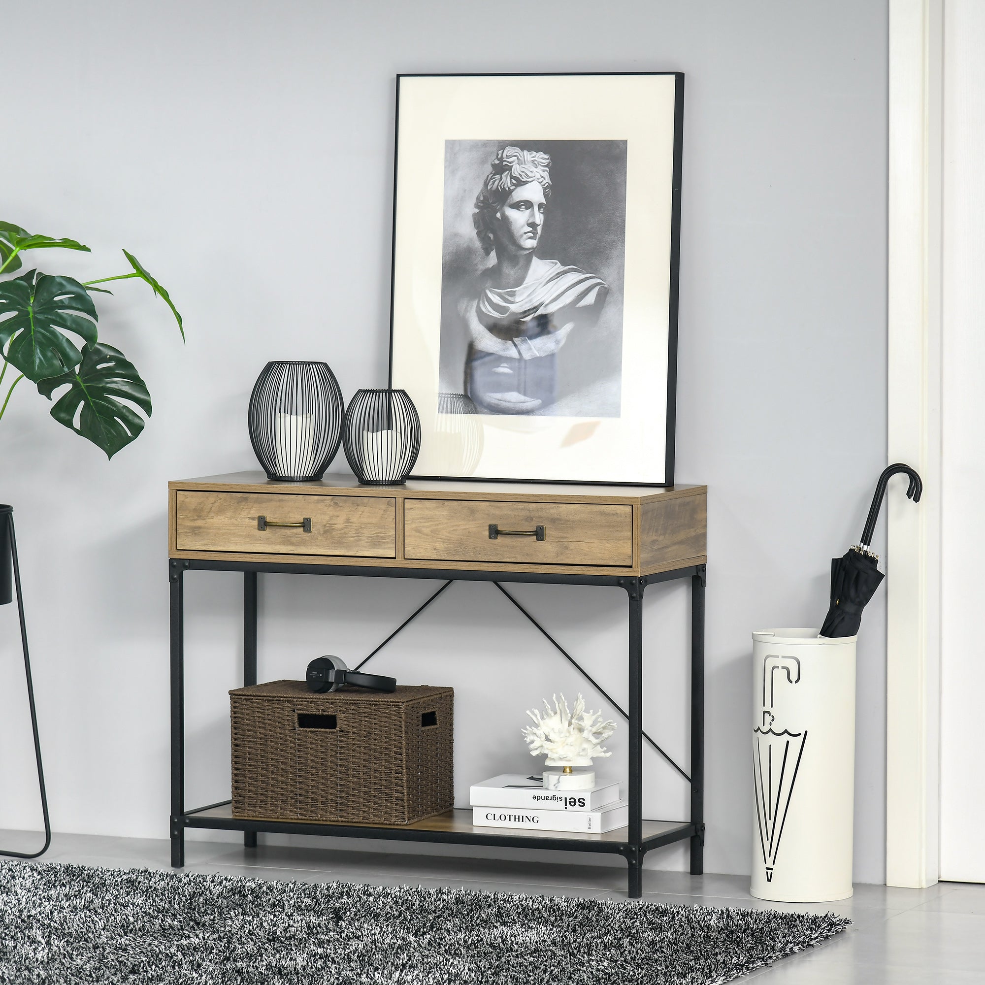 HOMCOM Konsolentisch Flurtisch mit Ablage und 2 Schubladen, 100 x 35 x 76,5 cm Beistelltisch Sofatisch Ausstellungstisch für Kleinen Raum, Eingang, Flur, Wohnzimmer Braun+Schwarz