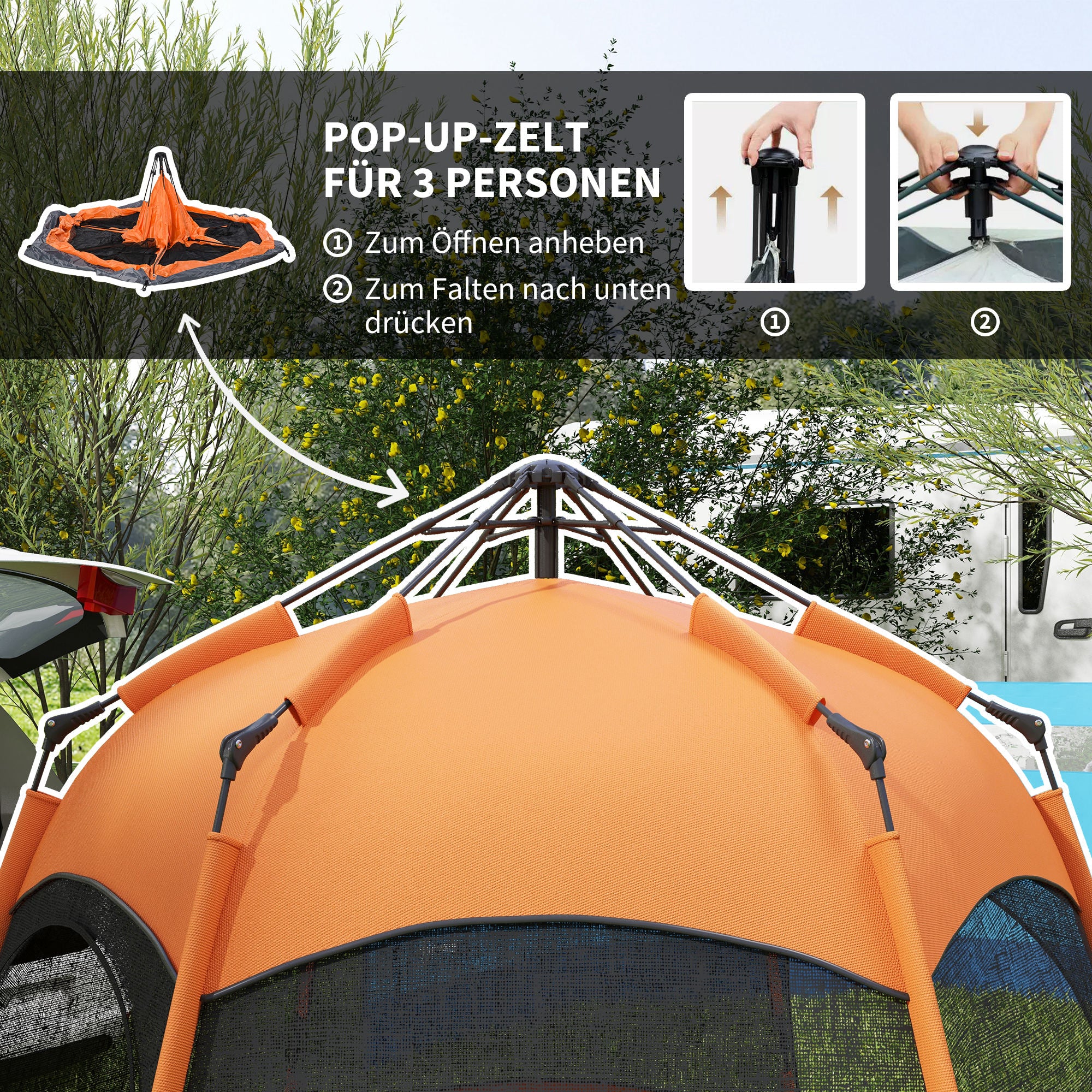 Outsunny Doppellagiges Instant-Pop-Up-Zelt mit Regenschutz, Outdoor Familienzelt für 4 Personen wasserdicht sechseckig 4 Jahreszeiten Kuppelzelt mit Bodenplane 2 Türen Moskitonetz Tragetasche Orange