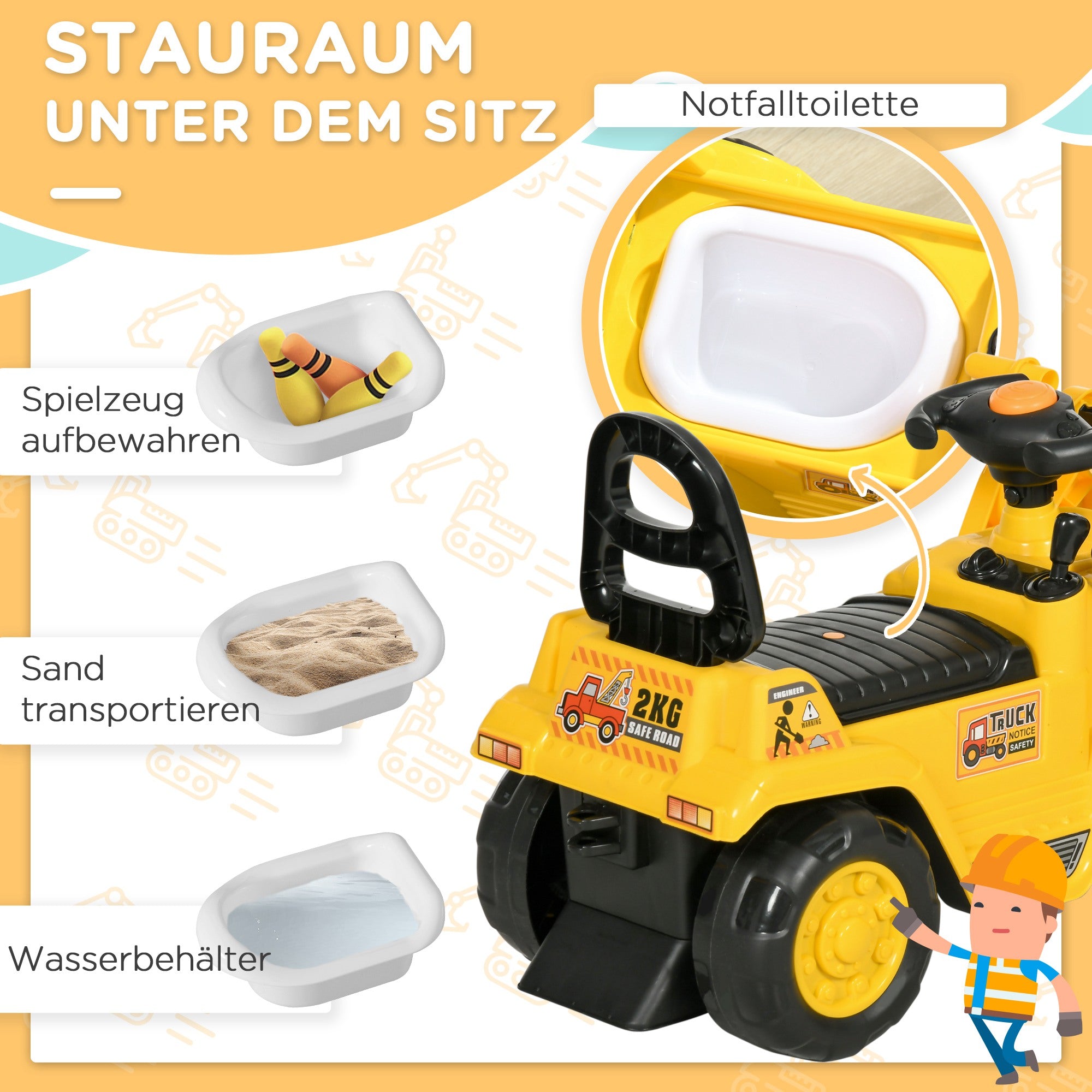 HOMCOM Sitzbagger mit eingebautem Ablagefach Kinder Rutschauto Traktor Kinderbagger mit Hupe Rutscher Bagger Rutscherfahrzeug Laufrad Gelb+Schwarz 80 x 26,5 x 39 cm