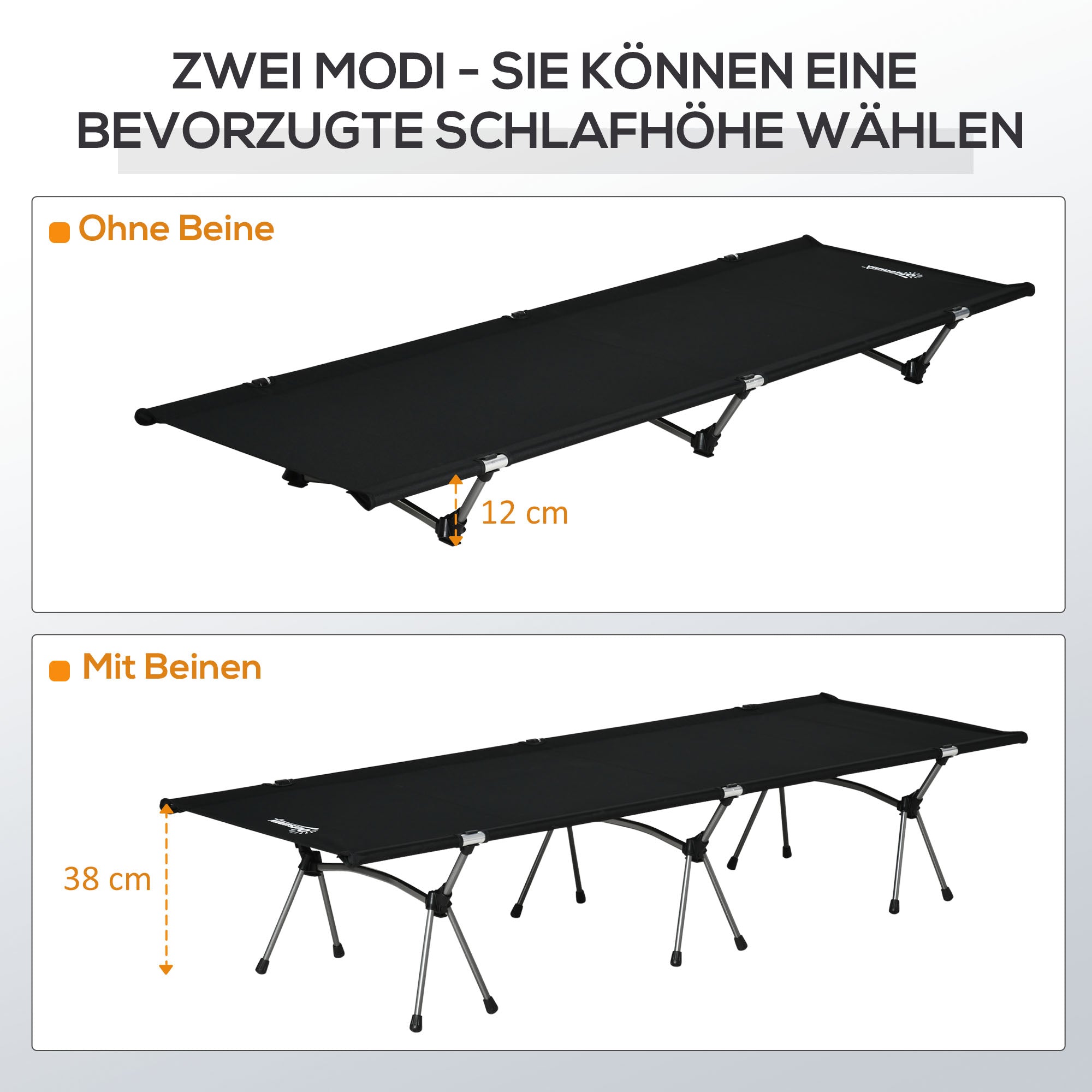 Outsunny Campingbett Klappbar Aluminium Feldbett Klappbett mit Tragetasche höhenverstellbar bis 150 kg belastbar Oxford Schwarz 190 x 65 x 38 cm