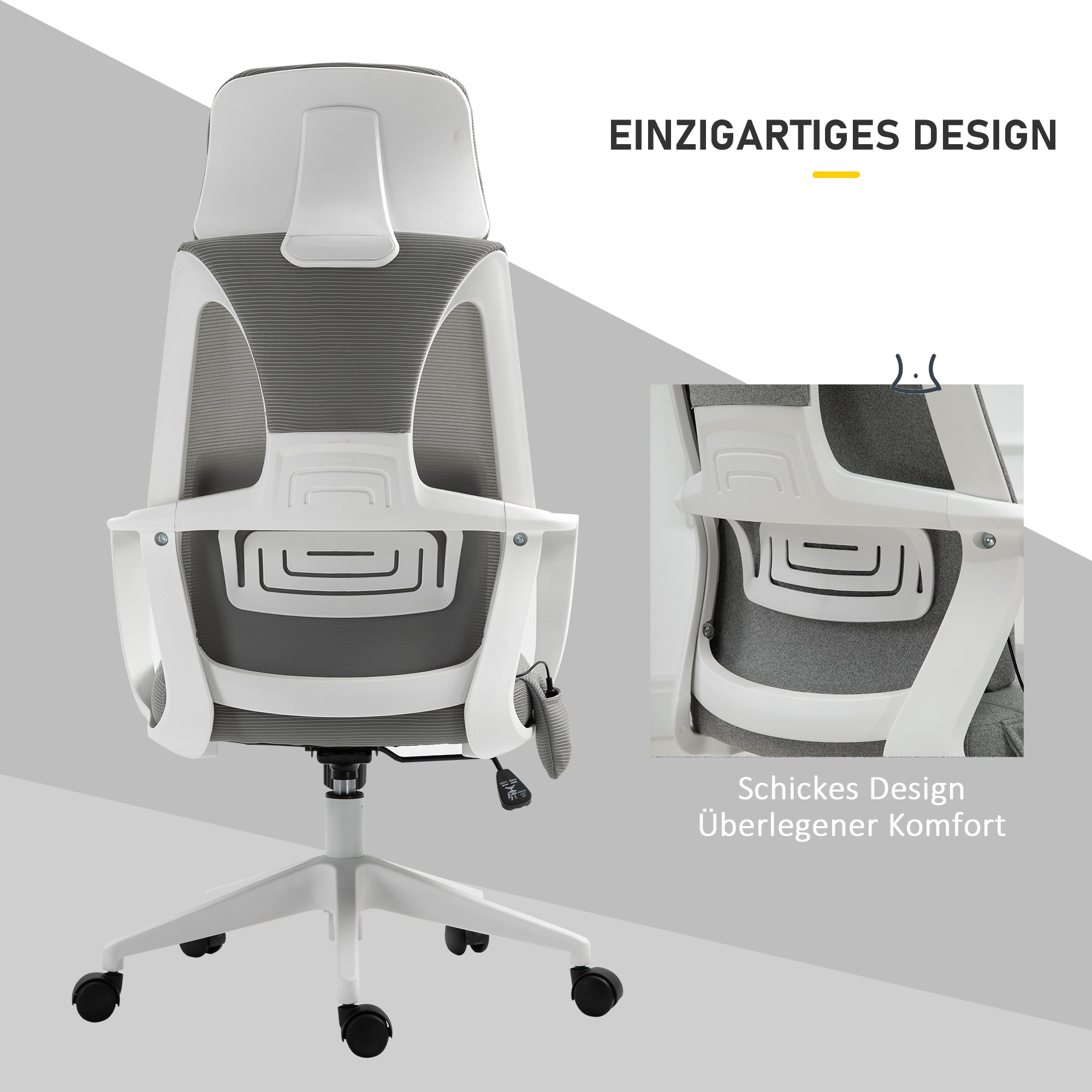 Vinsetto Bürostuhl höhenverstellbarer Drehstuhl Massagesessel ergonomischer Chefsessel mit Massagefunktion Gamingstuhl Nylon Grau 62 x 60 x 114-122 cm