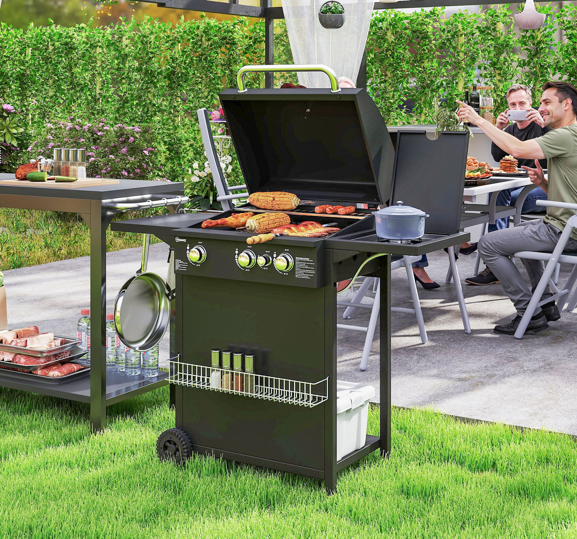 Outsunny Gasgrill 9,5 KW Grillwagen inkl 4 Brenner Seitenkocher Rolle 123 x 57 x 98 cm Schwarz
