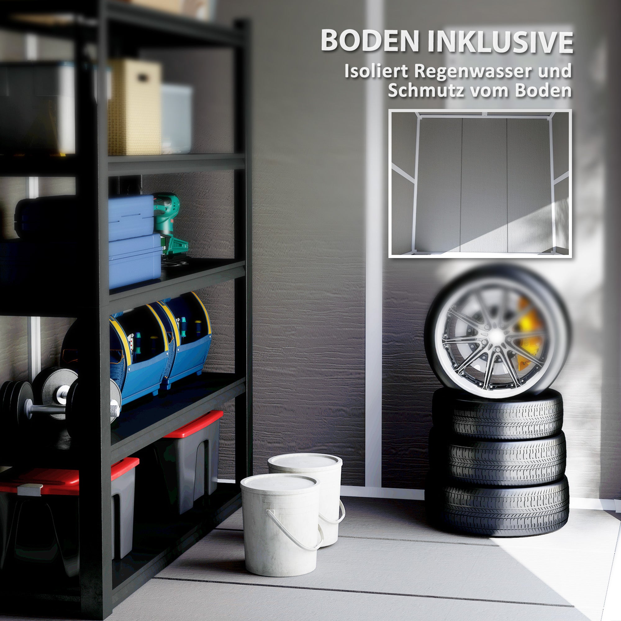 Outsunny Gartenschuppen, Geräteschuppen mit Boden, verschließbare Türen, Lüftungsöffnungen, Fenster, Holzoptik, Kunststoff, Grau