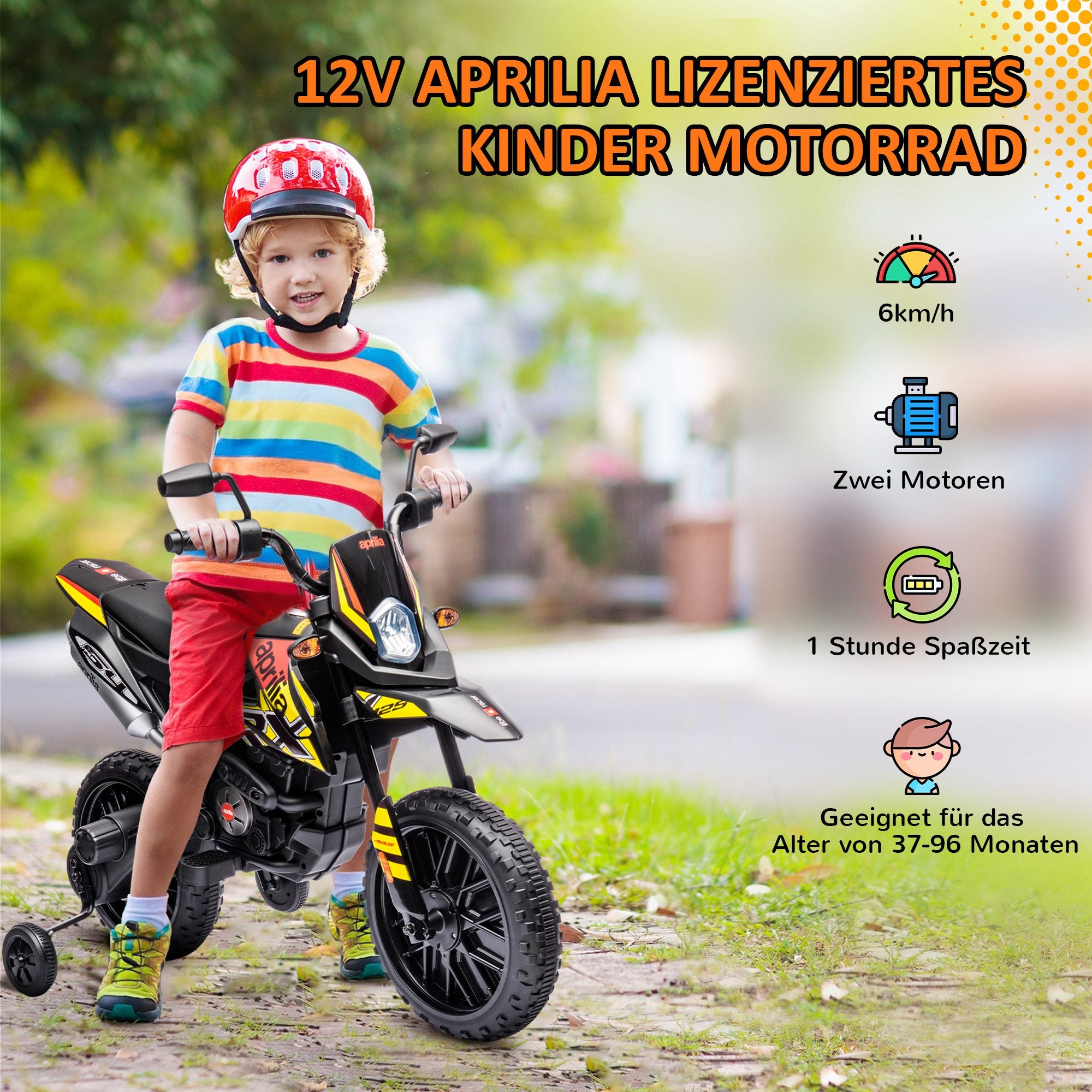 AIYAPLAY 12V Kinder-Motorrad mit Stützrädern, LED-Lichtern, Musik, USB, Elektro-Motorrad für Jungen und Mädchen, Gelb