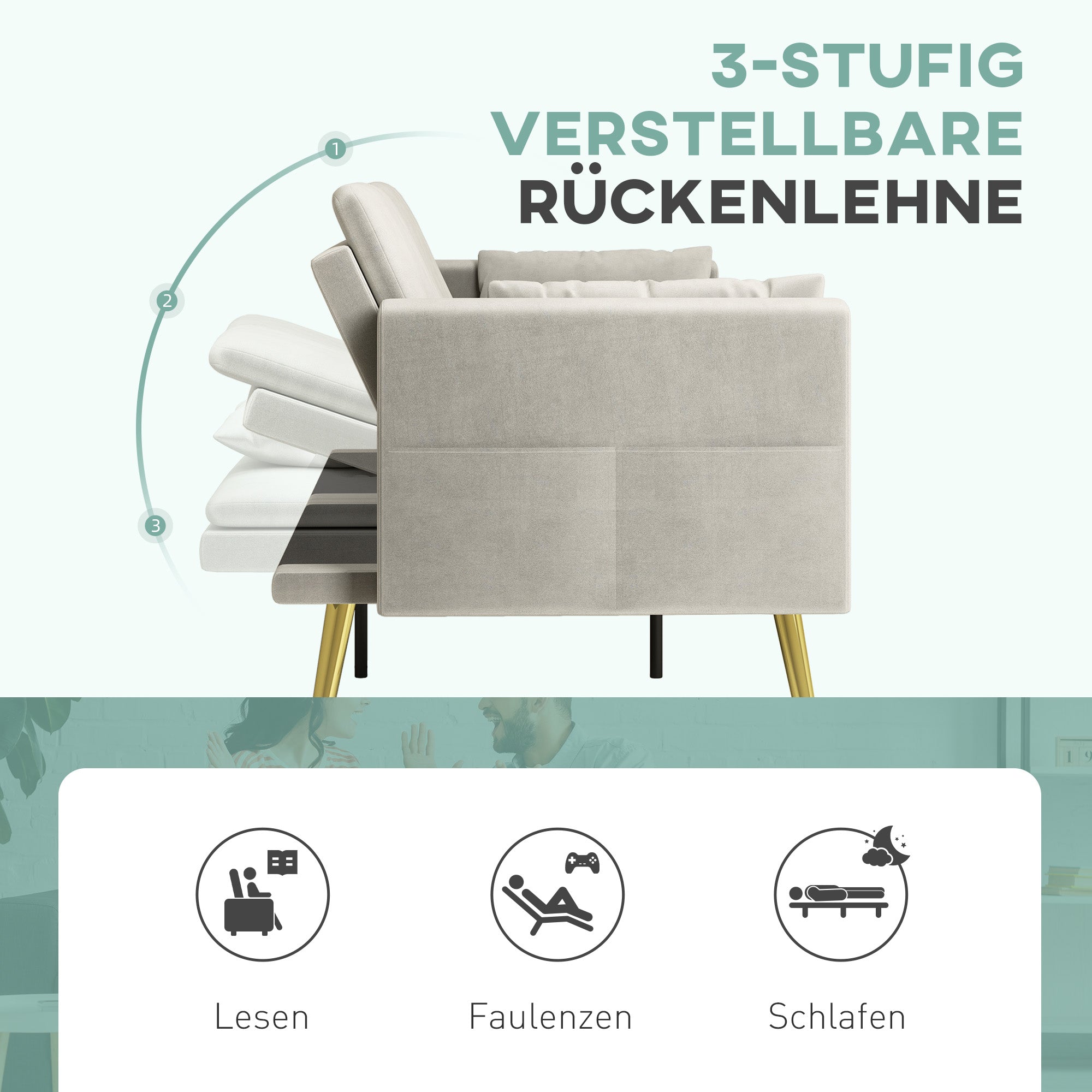 HOMCOM 2-Sitzer Bettsofa, Verstellbare Rückenlehne, weiche Kissen, samtartiger Bezug, für Wohnzimmer, Gästezimmer, Beige