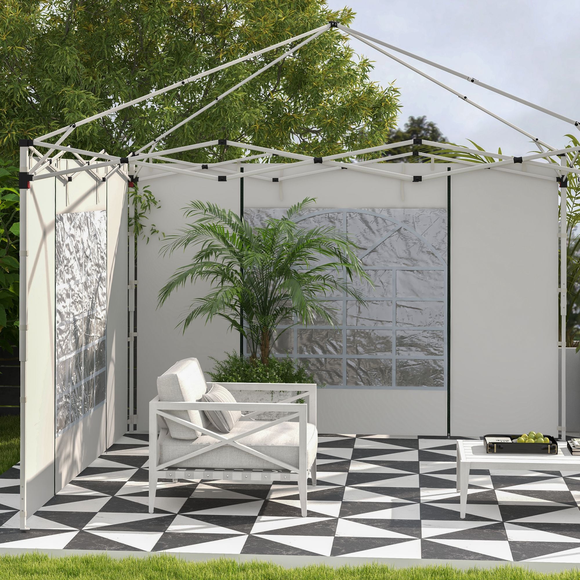 Outsunny Pavillon-Vorhänge, 2er-Set, für 3x6m oder 3x3m Gartenpavillons, mit Fenstern und Türen, Weiß