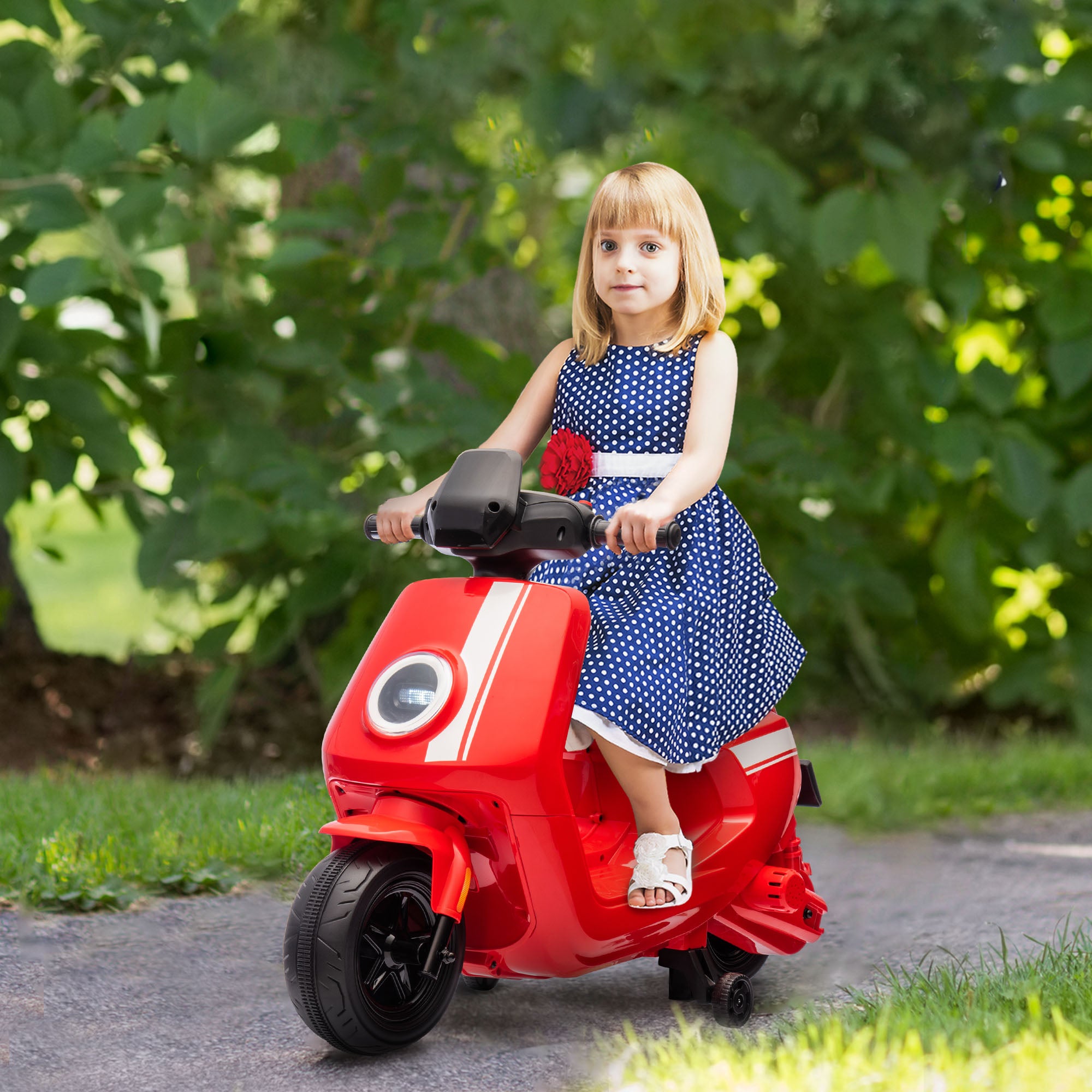 AIYAPLAY 6V Elektro-Motorrad für Kinder, mit Scheinwerfer und Musik, Vor- und Rückwärtsgang, Trainingsräder, 18-36 Monate, Rot
