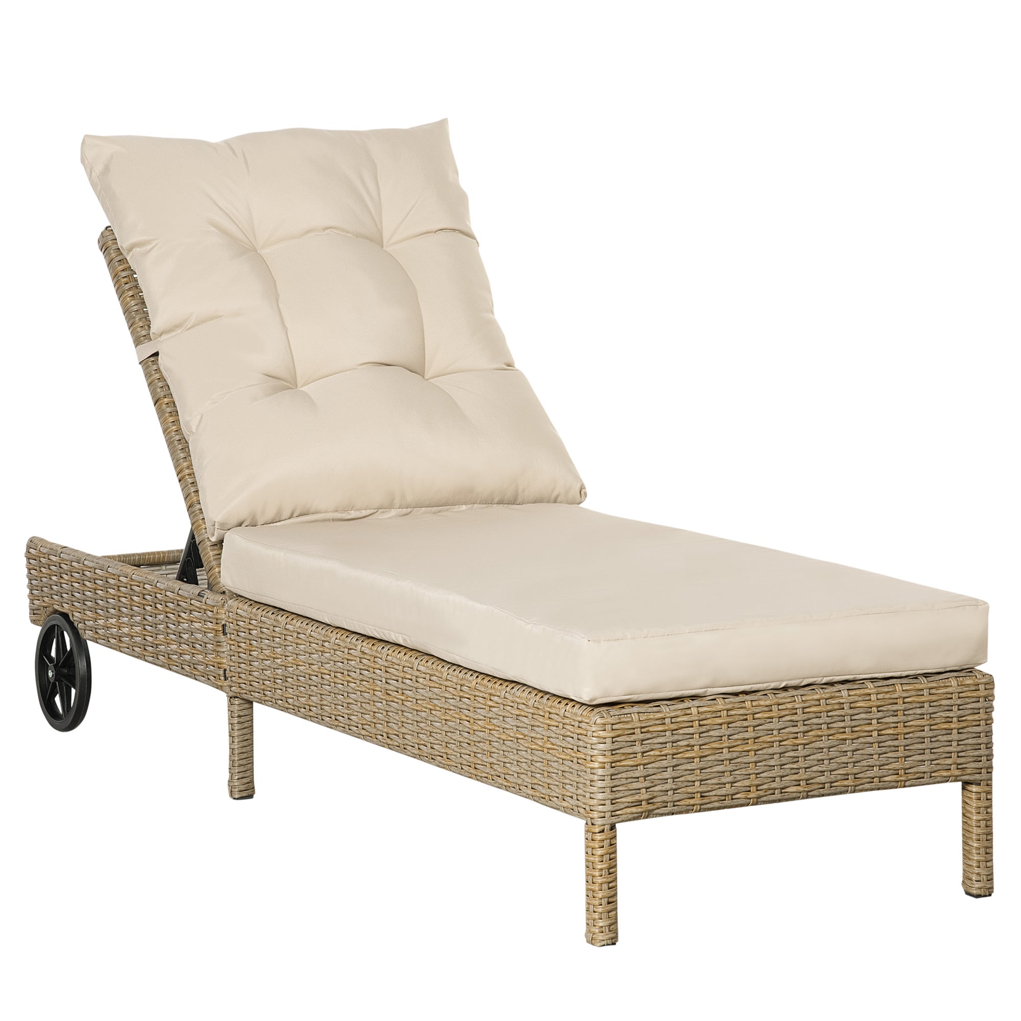 Outsunny Polyrattan Sonnenliege mit Kissen, Natur+Khaki