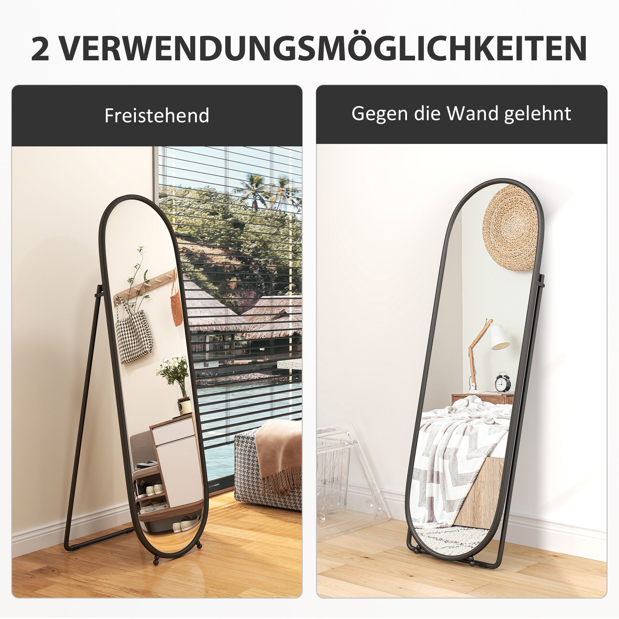 HOMCOM Ganzkörperspiegel, ovale Form, freistehend, Metallrahmen, 40x160cm, Schwarz