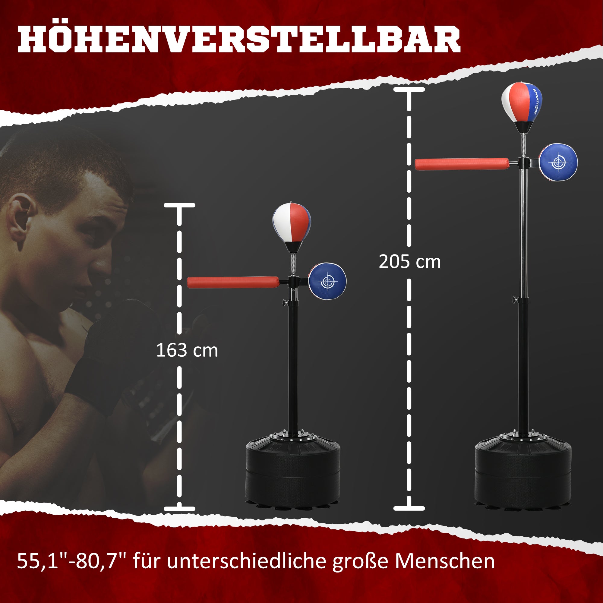 SPORTNOW Boxständer, höhenverstellbar, Reflexstange, Pratze, Speedball, befüllbarer Standfuß, 80,5 x 48 x 163-205 cm