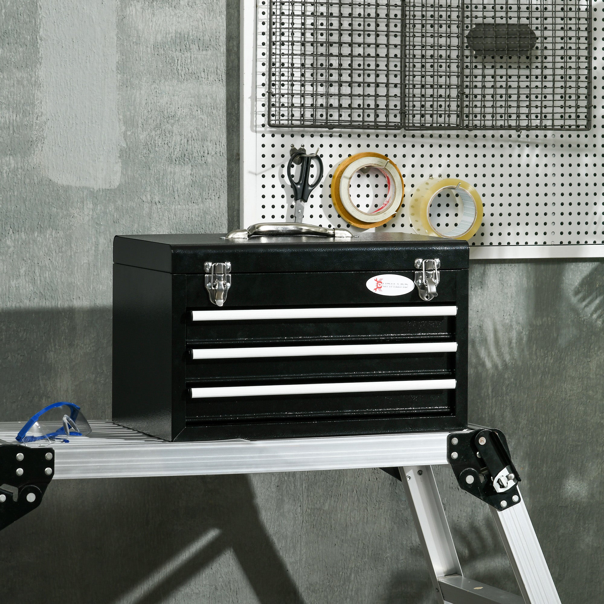 DURHAND Werkzeugkiste mit 116-teiligem Werkzeugset, mobil, verschließbar, Stahlgehäuse, 45 x 24 x 27 cm, Schwarz