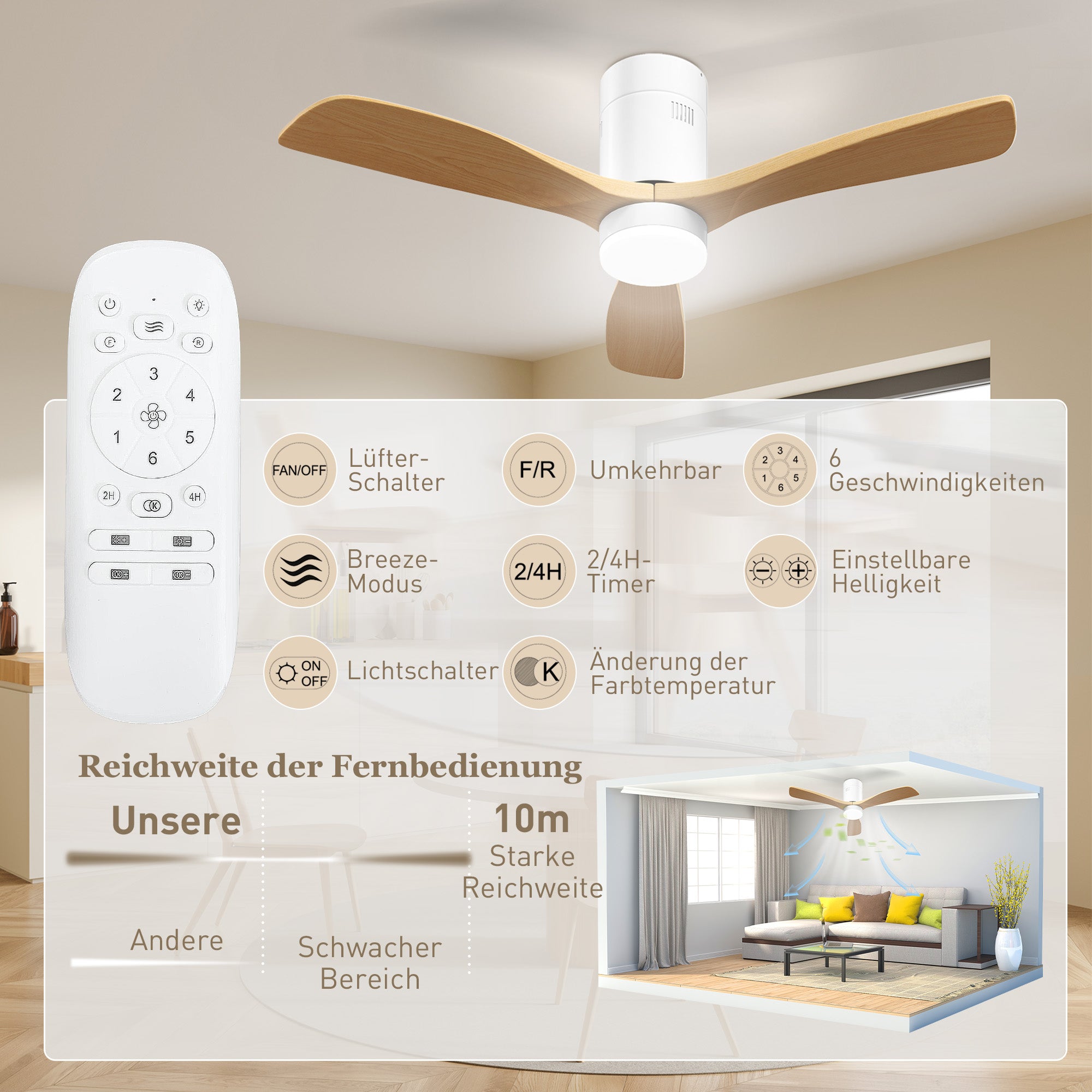 HOMCOM Deckenventilator mit LED-Licht, 6 Geschwindigkeiten, Fernbedienung, Hellbraun