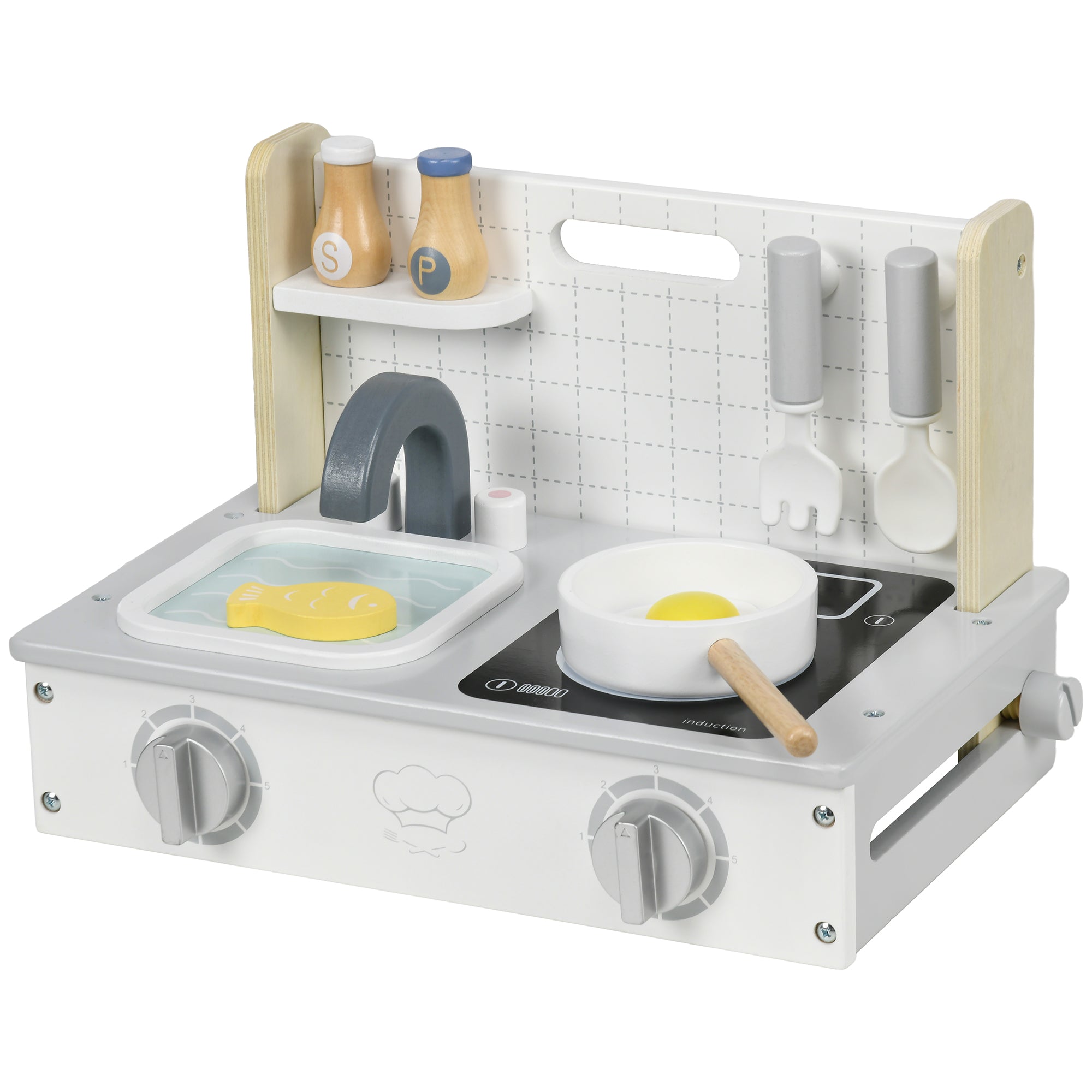 AIYAPLAY Kinderküchen-Set, 10-teilig, mit Gewürzflaschen, Topf, Ei, Fisch, 36x21,5x25 cm, Grau/Gelb