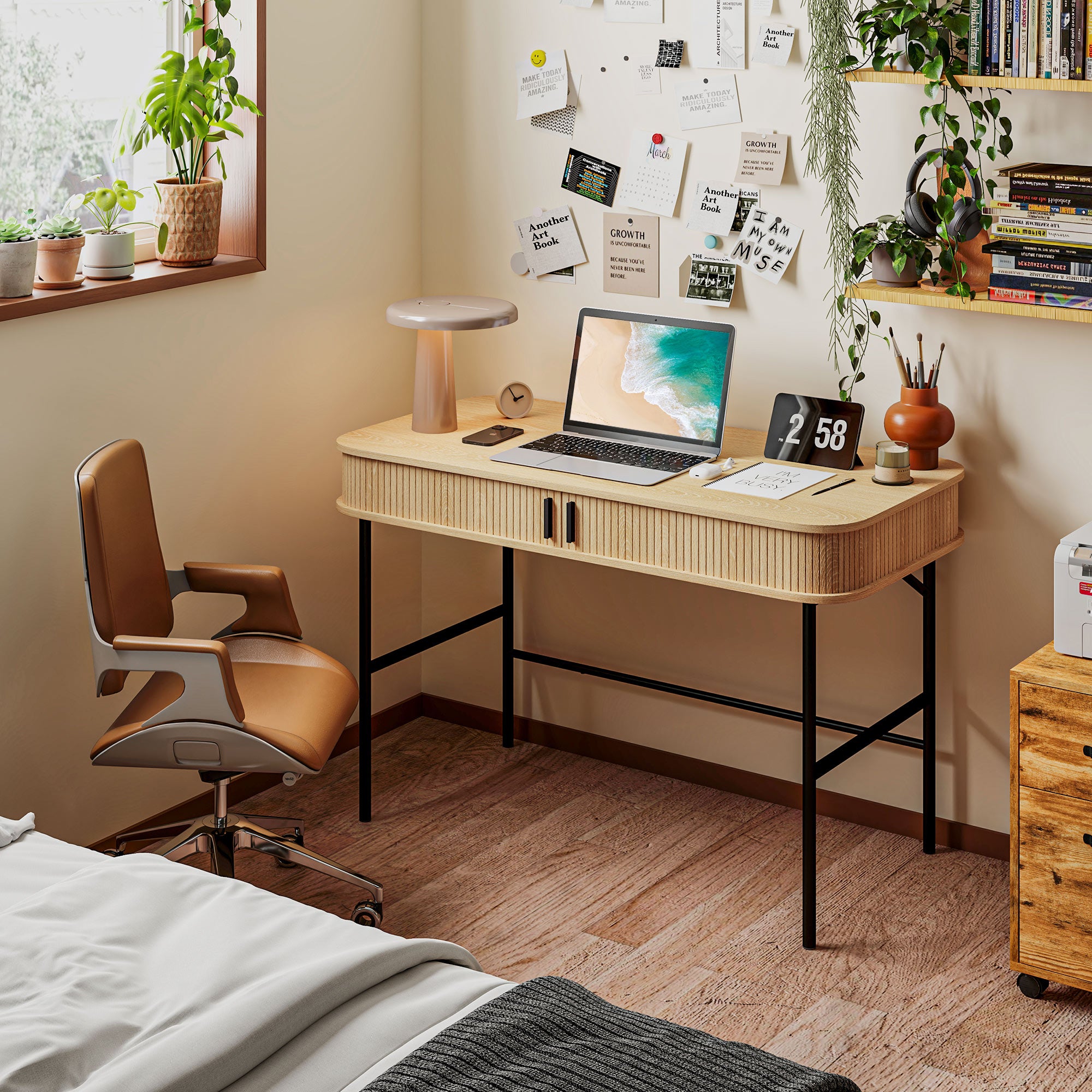 HOMCOM Schreibtisch mit Stauraum Lamellendekor Eiche