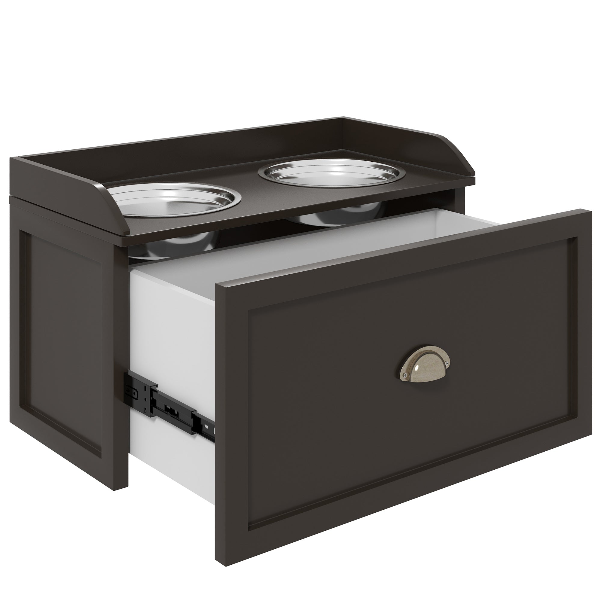 PawHut Futterstation Erhöhte Fressnäpfe 2 Fressnäpfe, 2 Edelstahlschalen, 1 Stauraum, 60 x 30 x36 cm, Braun