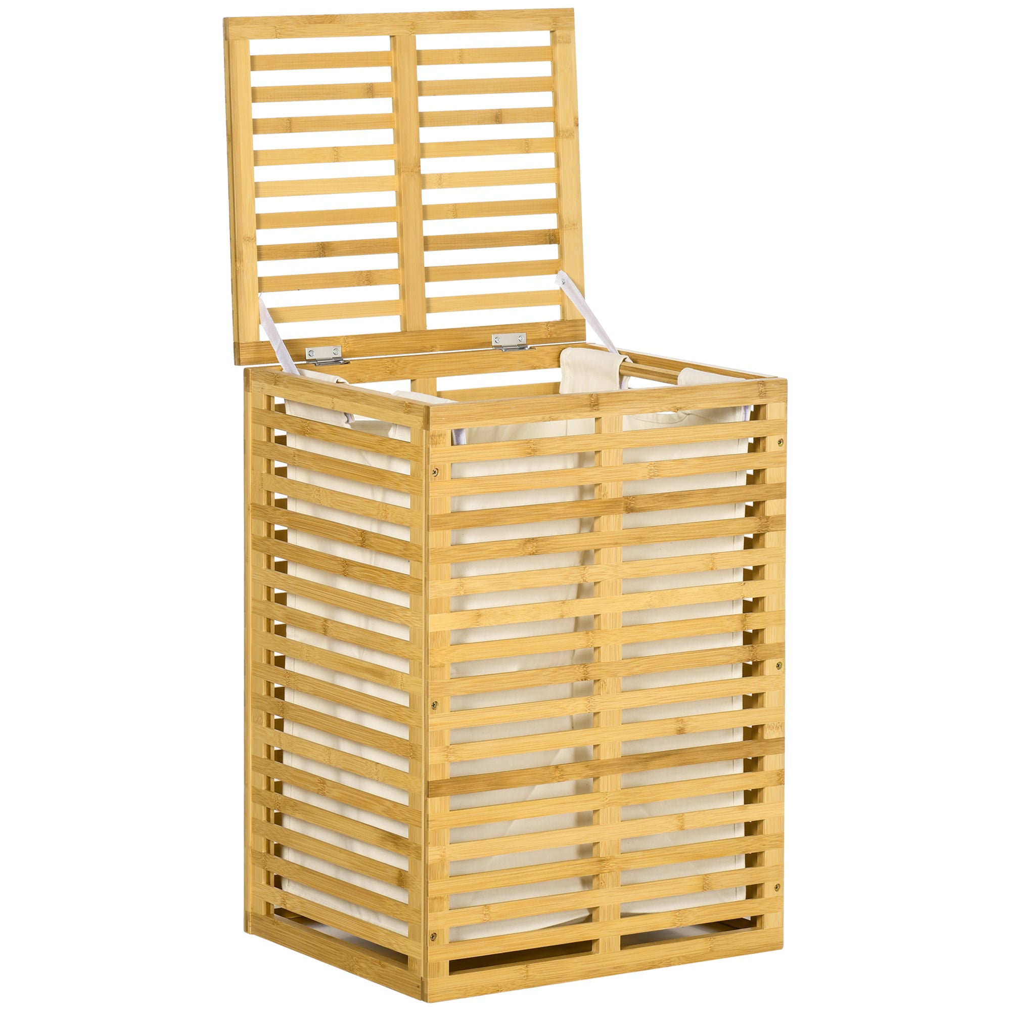 HOMCOM Bambus Wäschekorb mit 63 L Wäschesammler mit Deckel Wäschesack, Stange 44 x 37 x 62,5 cm Naturholz