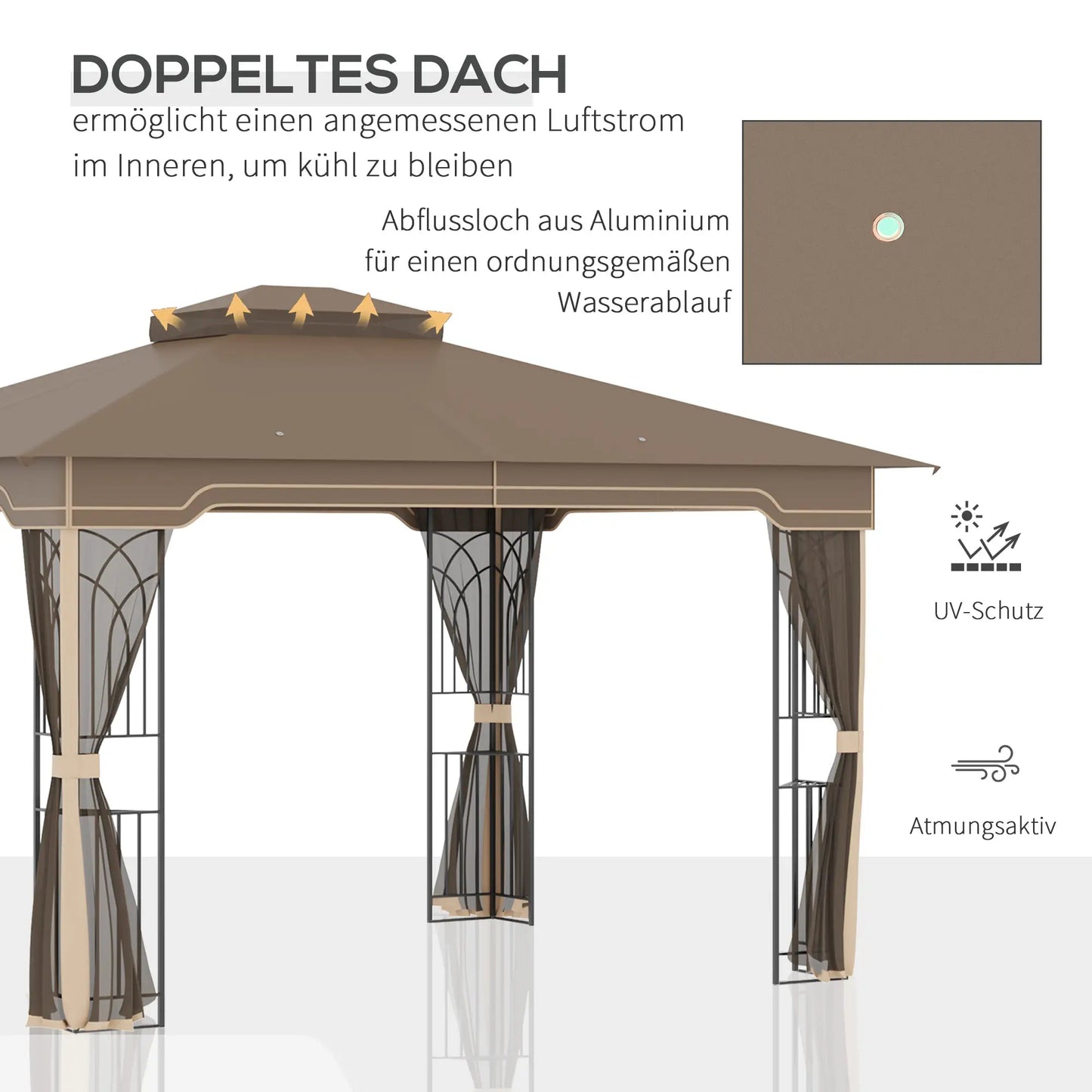 Outsunny Gartenpavillon 3,65 × 3 m mit Doppeldach & Moskitonetz – Braun/Beige