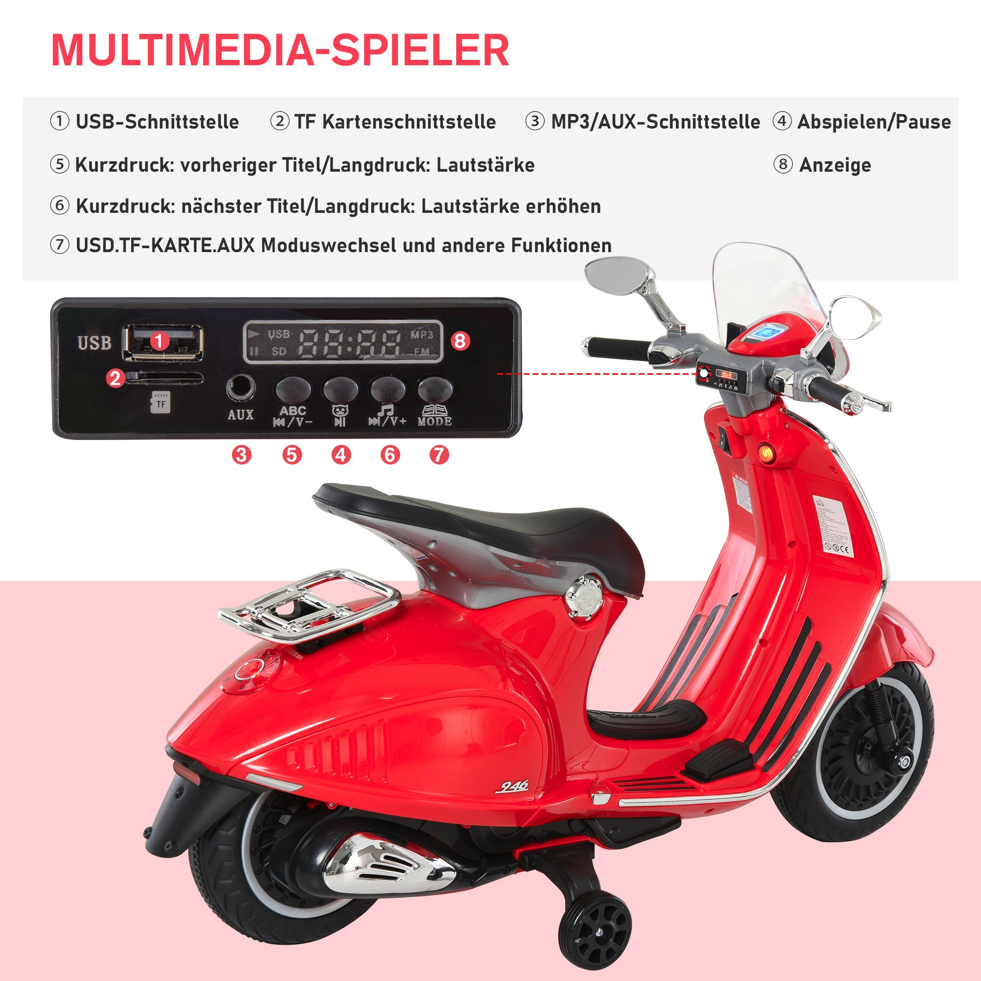 HOMCOM Kinder Elektro-Motorrad, 6V Kindermotorrad mit Scheinwerfer, Musik, Vor- und Rückwärtsgang, Trainingsräder, 30 kg belastbar, Elektromotorrad für 3-6 Jahre Kinder, Rot