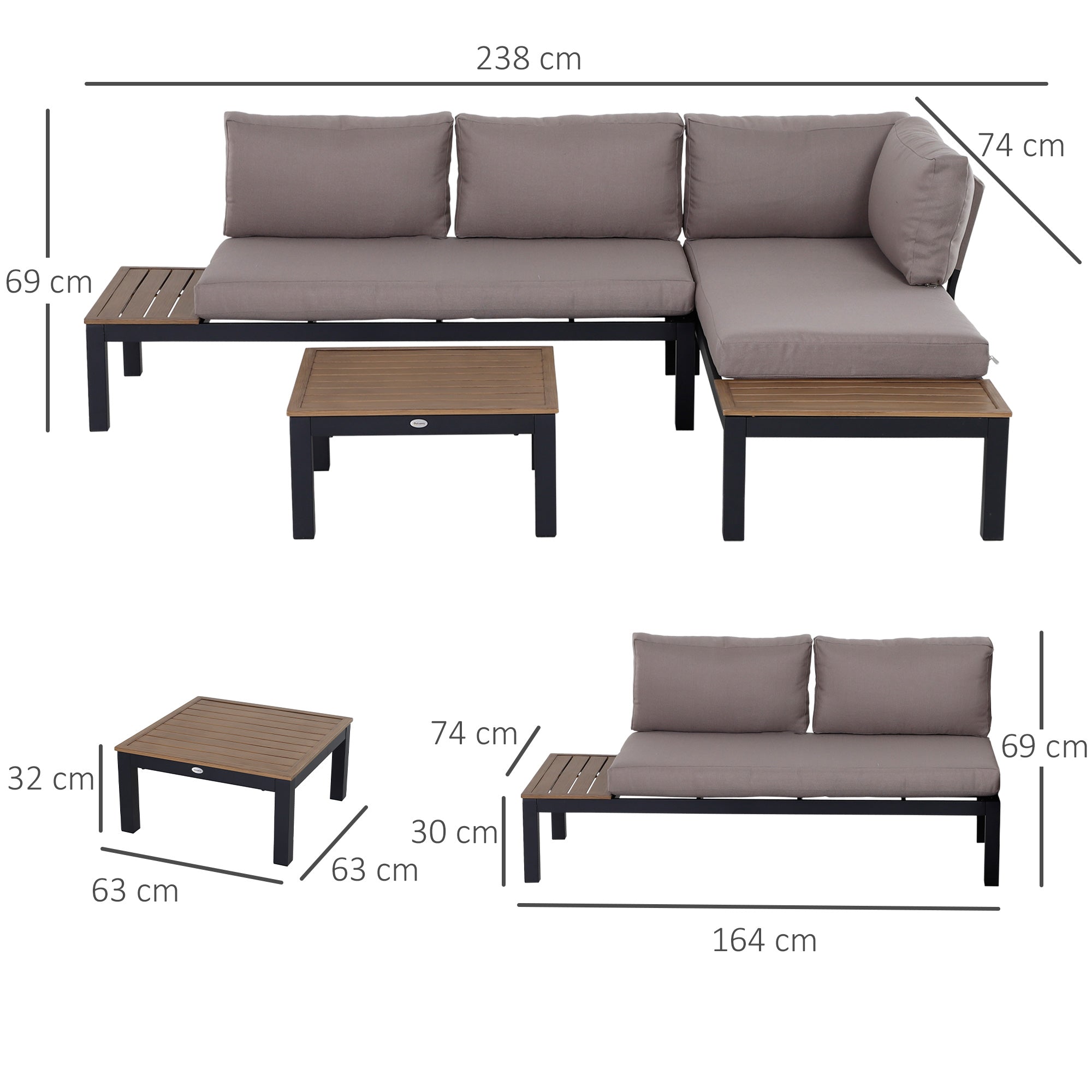 Outsunny Gartenmöbel-Set für 3 Personen mit Beistelltisch, Sofa mit Kissen, Outdoor, Aluminium, 164 x 74 x 69 cm