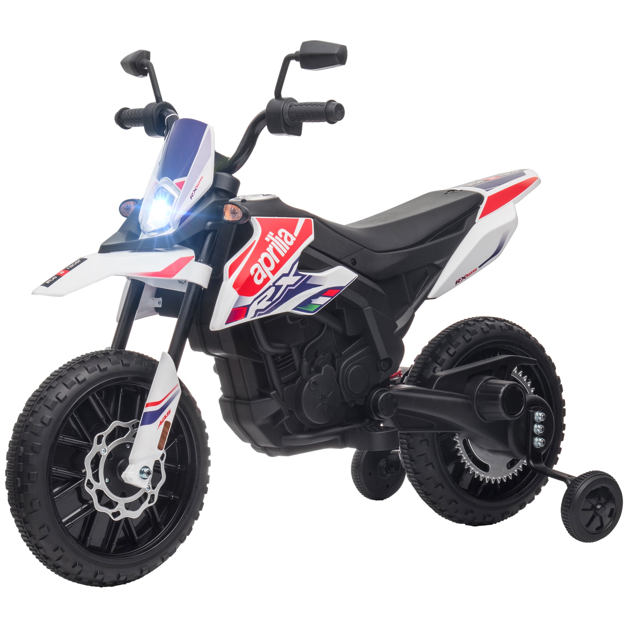AIYAPLAY 12V Kinder-Motorrad mit Stützrädern, LED-Lichtern, Musik, USB, Elektro-Motorrad für Jungen und Mädchen, Weiß