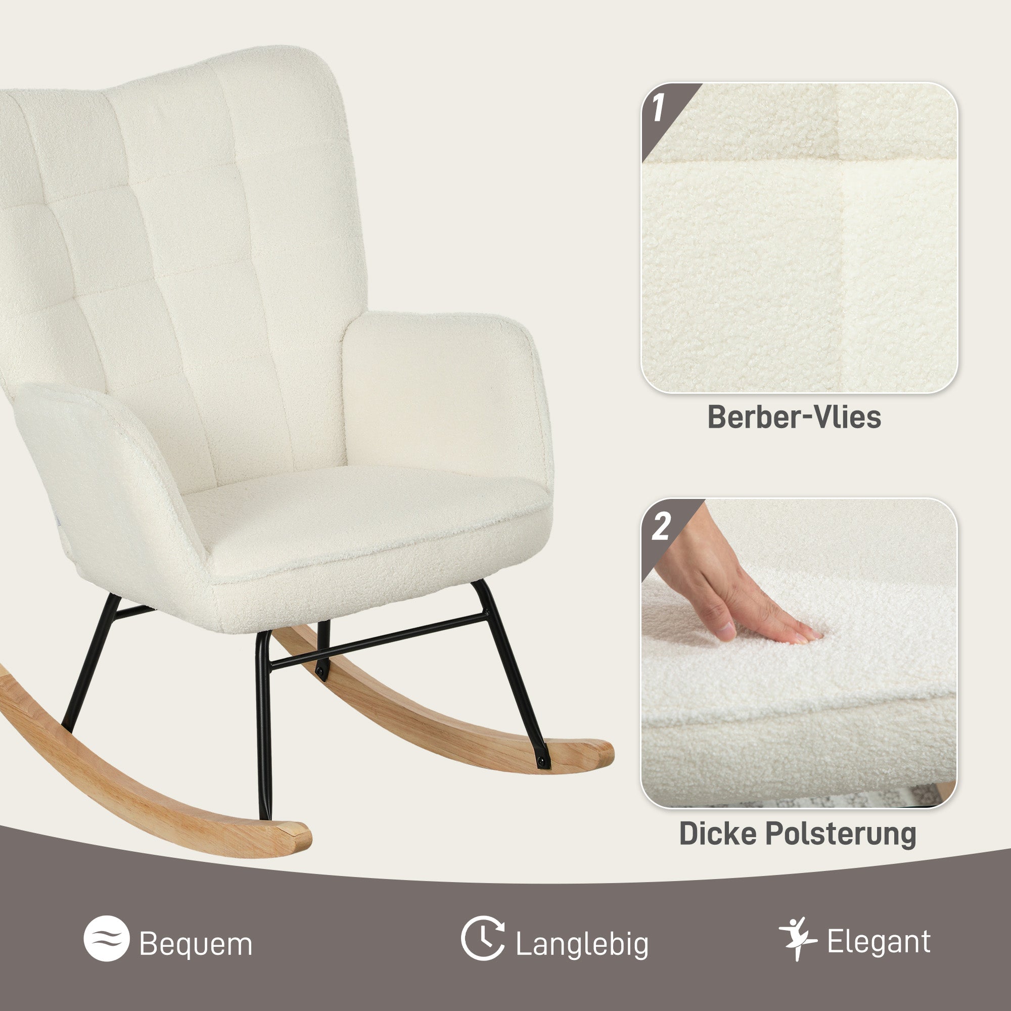 HOMCOM Schaukelstuhl in Vliesoptik mit Armlehnen, Ergonomischer Sessel mit Holzkufen, für Wohnzimmer, Schlafzimmer, Weiß