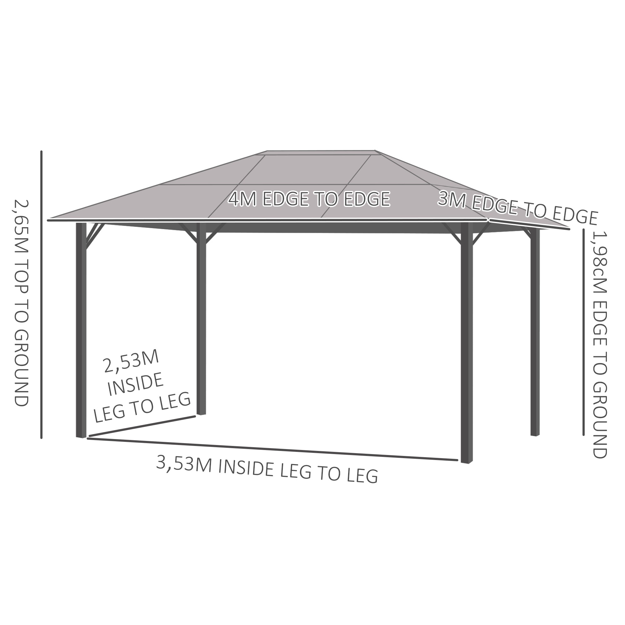 Outsunny Pavillon mit Polycarbonatdach, Vorhänge mit Fliegennetz, Alugestell, dunkelgrau, 3 x 4 x 2,6 m