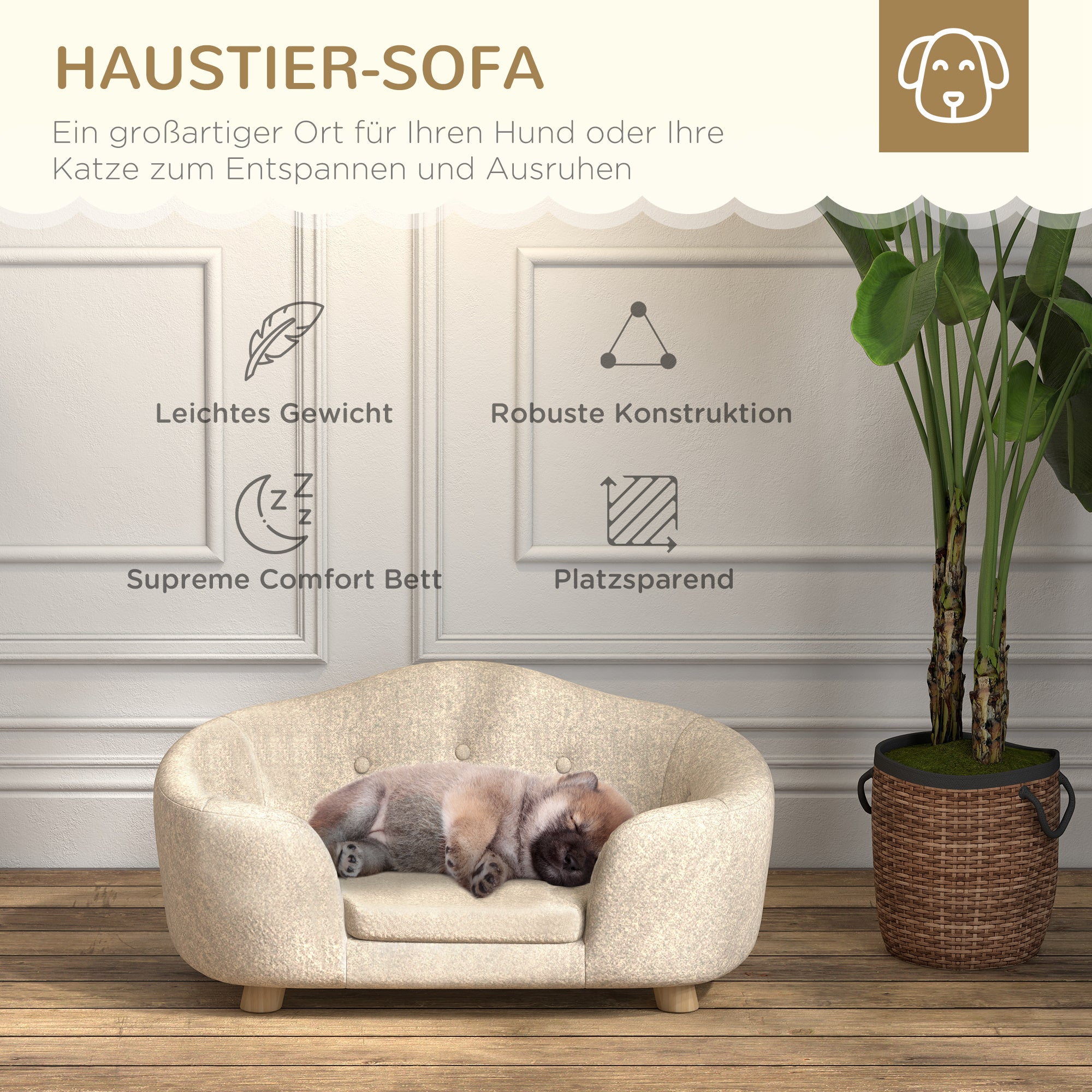 PawHut Haustiersofa Hundematte Hundebett Hundesofa Hundecouch Katzen Sofa mit Kissen Rückentasche Plüsch Schaumstoff Kiefernholz Cremeweiß 70 x 47 x 30 cm