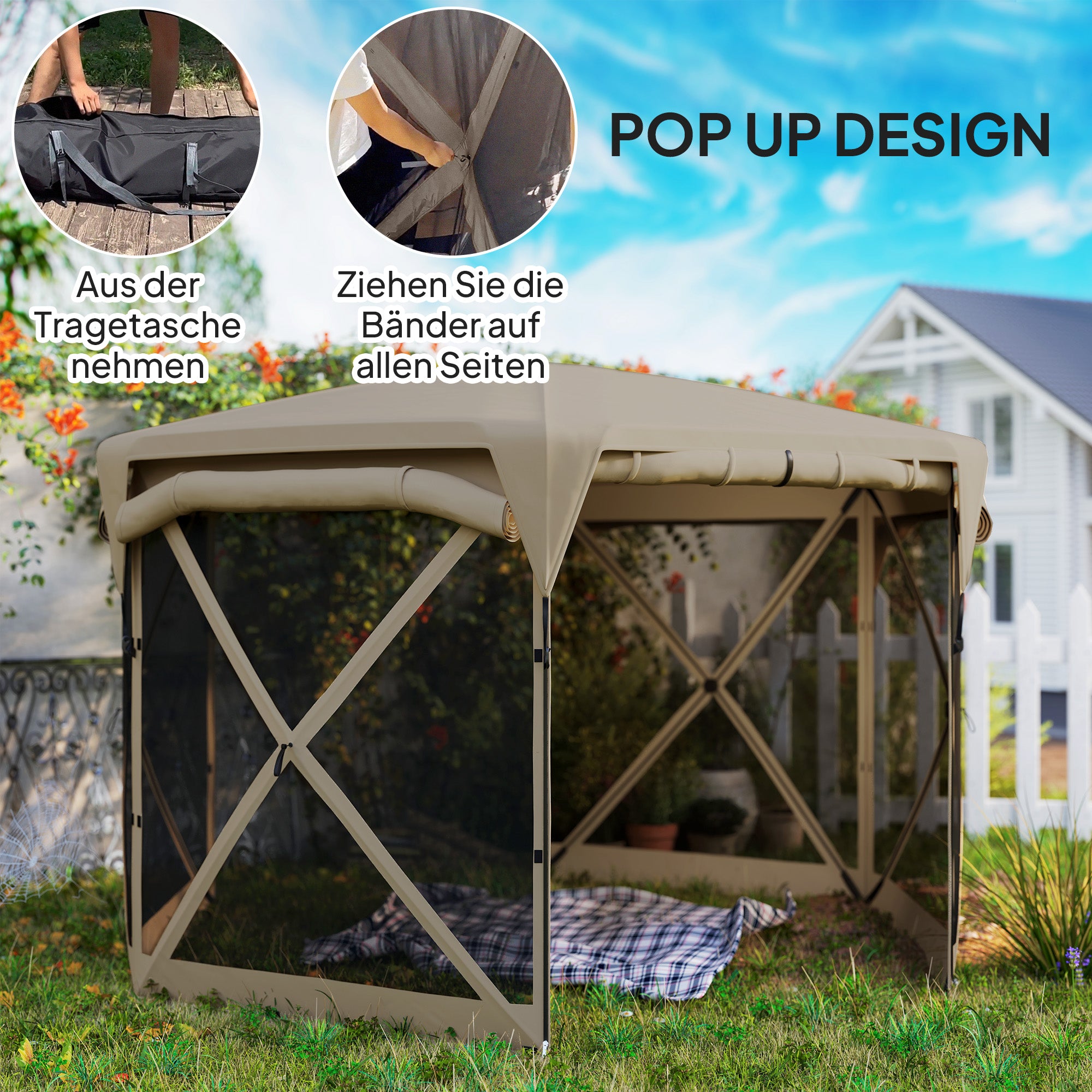 Outsunny 3 x 3,5 Pop-up-Gartenzelt mit UPF30+ Schutz, Netzwände, Tragetasche, für Gartenpartys, Camping, Khaki