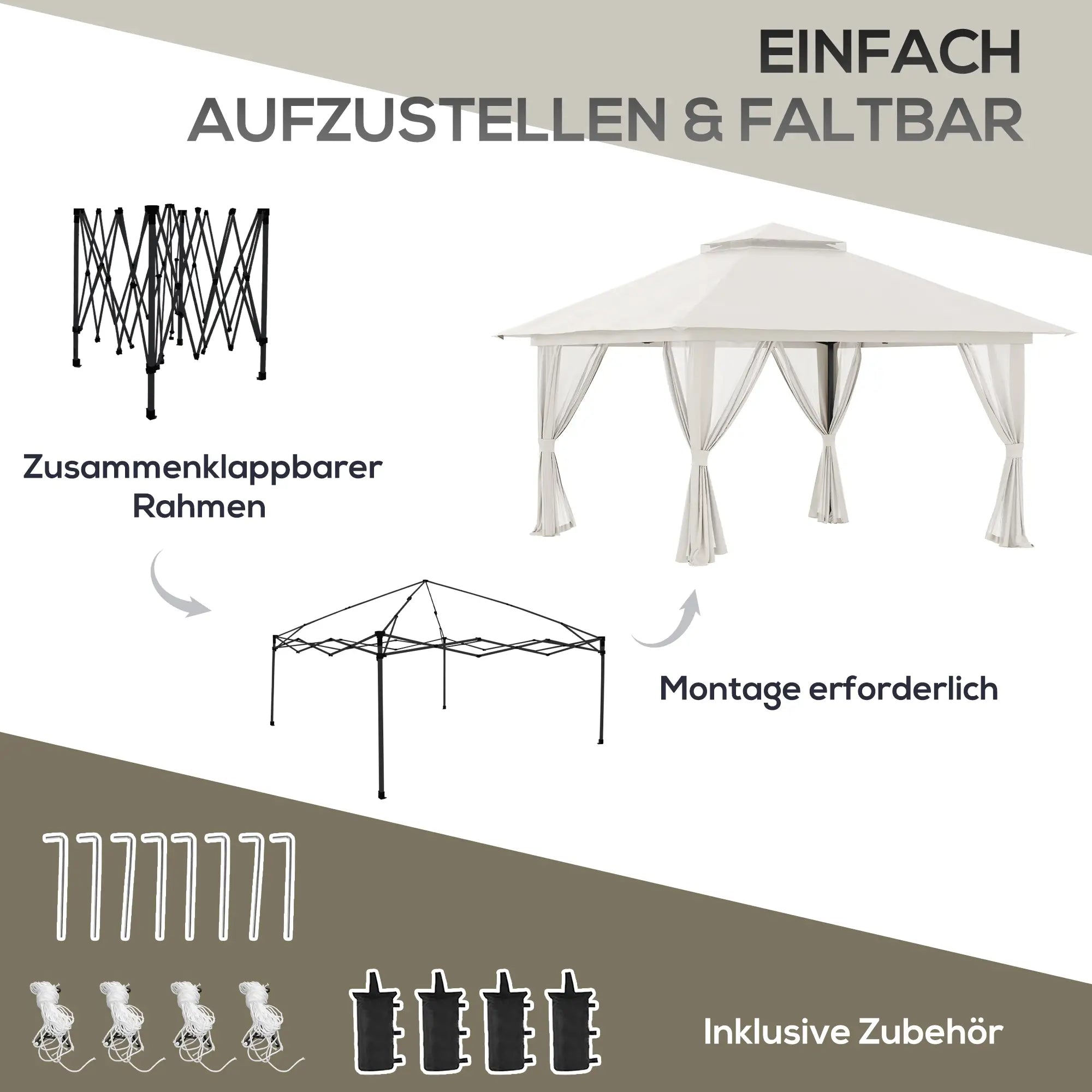 Outsunny Faltpavillon, höhenverstellbar, 4 Netzwände, Lüftungsdach, Tragetasche, Schnellaufbau, 4 x 4 x 3 m, Cremeweiß