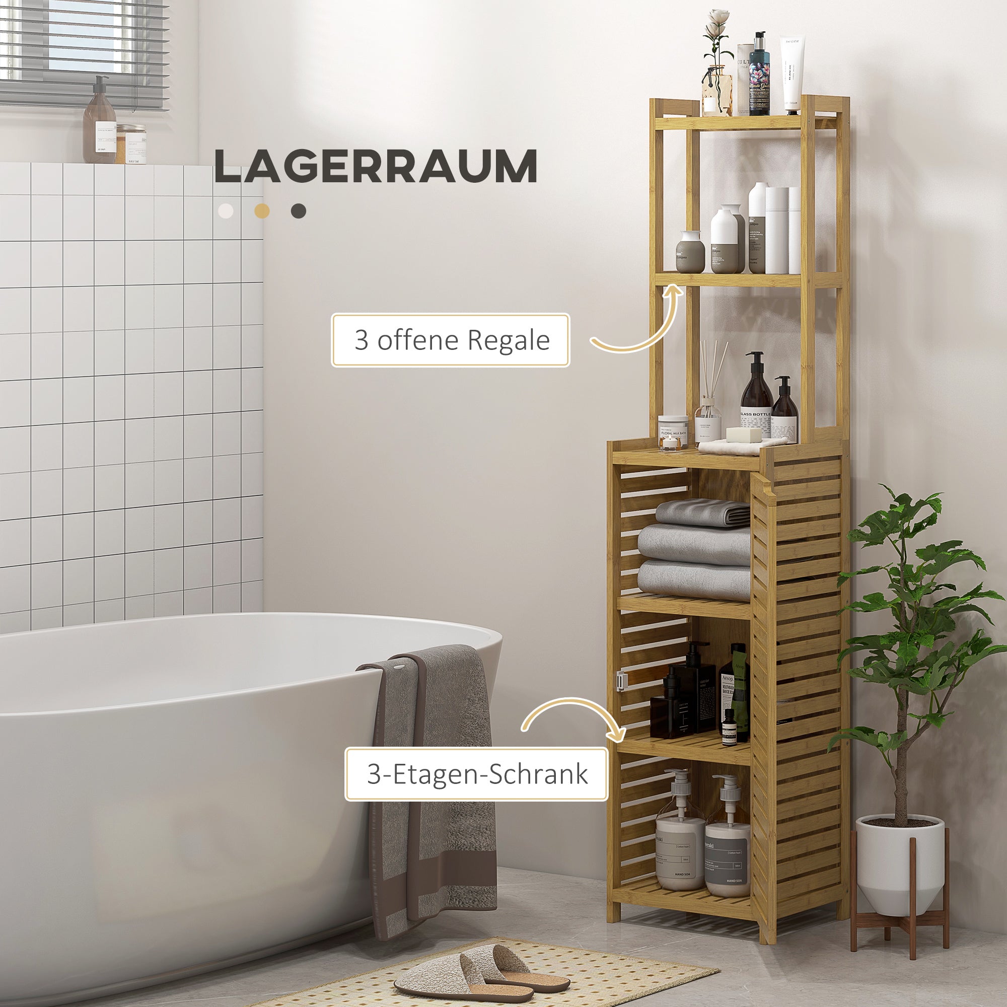 HOMCOM Badezimmerregal Badregal, 3 Regale, 1 Schrank, 38,5 cm x 33 cm x 170 cm, Natur