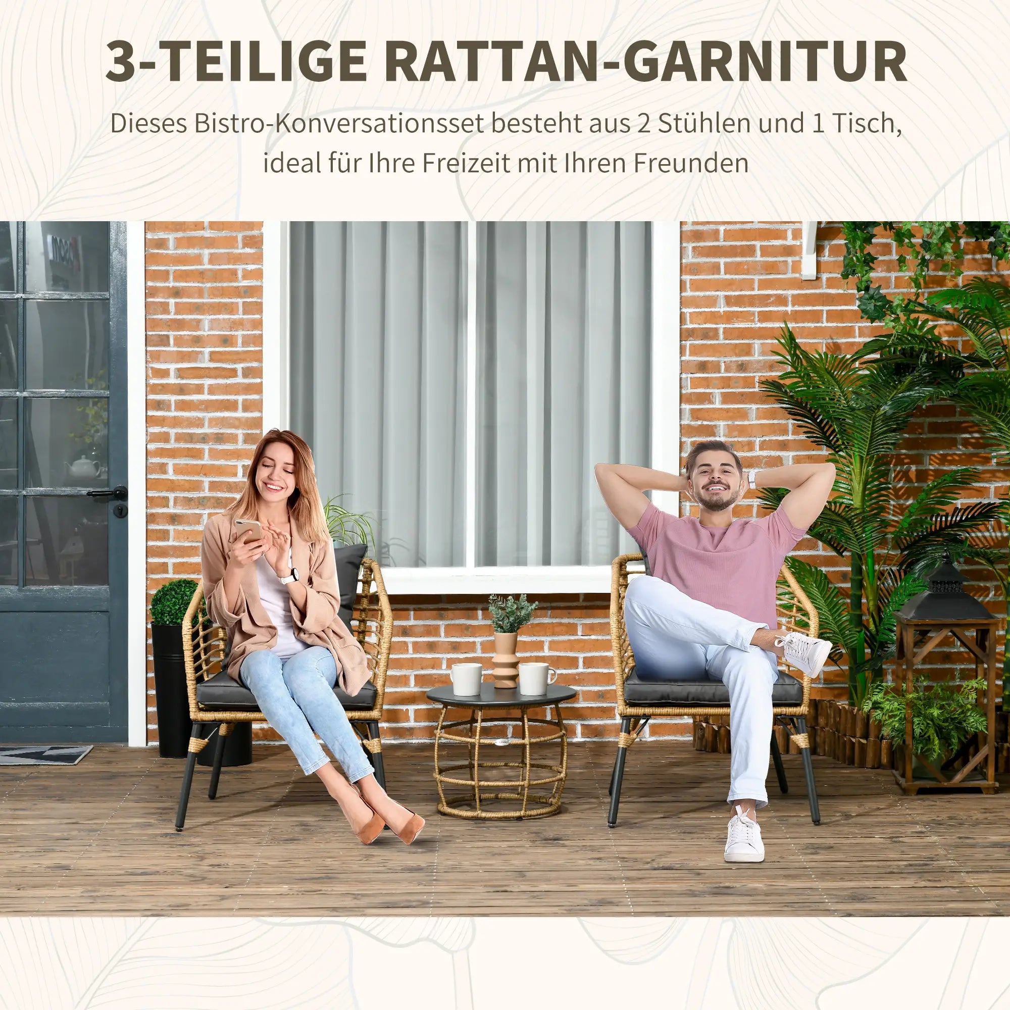 Outsunny 3-teiliges Bistro-Set, wetterbeständig, 1 Beistelltisch, 2 Stühle, 62 cm x 65 cm x 78 cm, Sand+Dunkelgrau