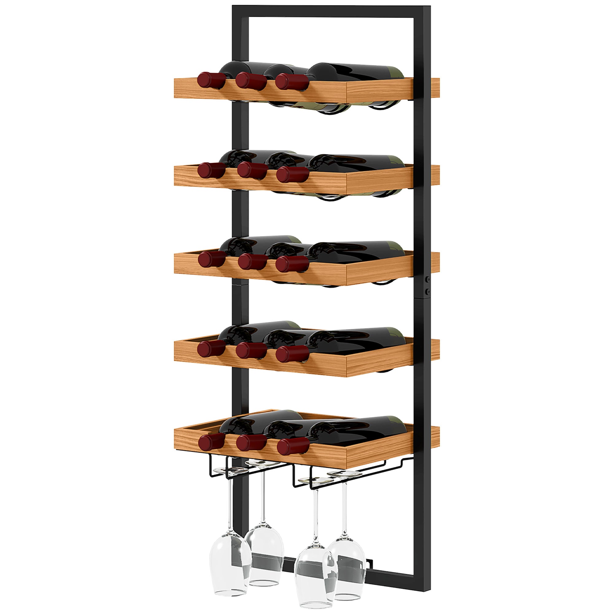 HOMCOM Wand-Weinregal, 5 Ebenen, Flaschenhalter, Gläserhalter, Kiefernholz, Stahl, Hausbar, Küche, Wohnzimmer, Braun
