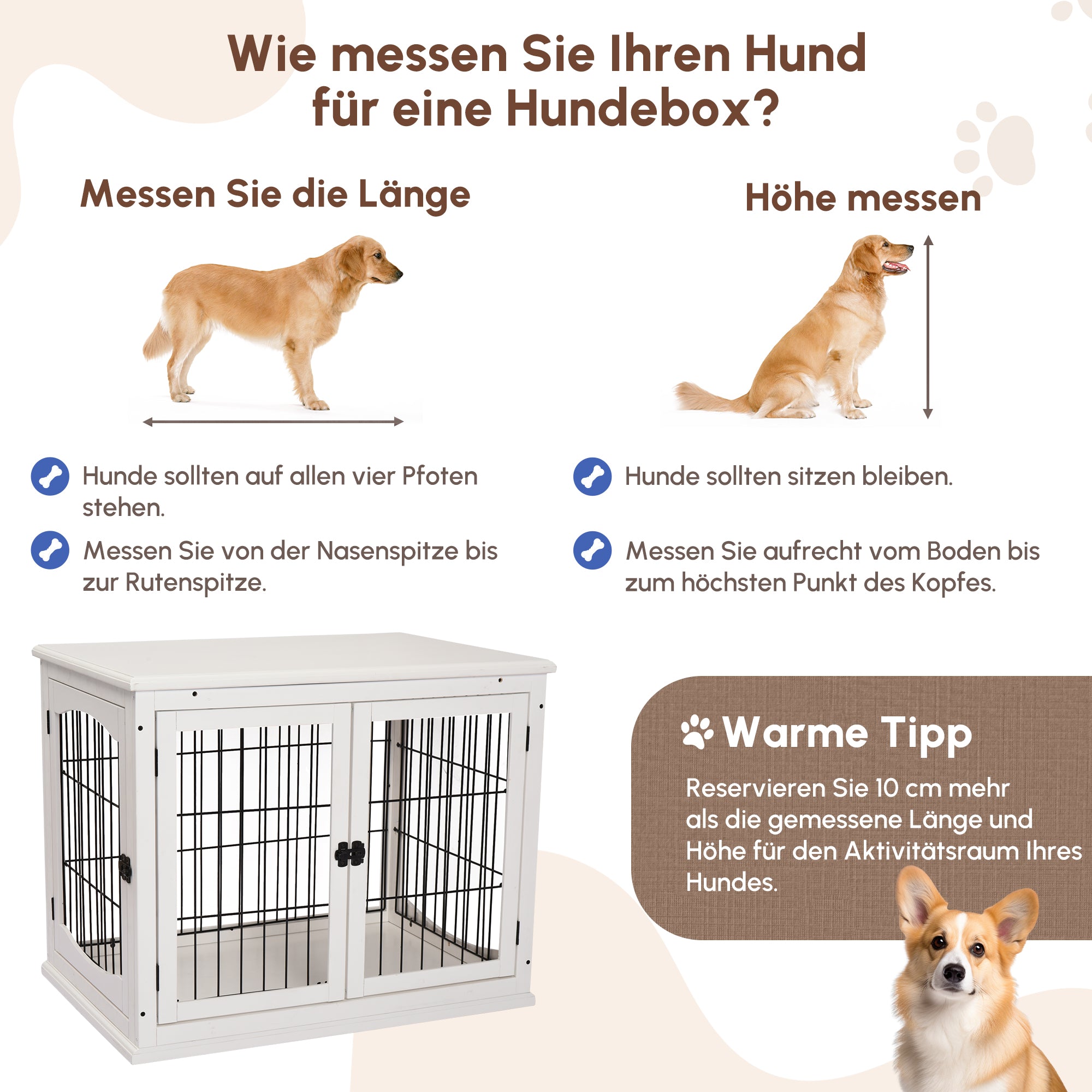 PawHut Transportbox für Hunde 58,5 cm x 81 cm x 66 cm Türen, MDF-Holz Eisen, 58, 5 cm x 81 cm x 66 cm, Weiß